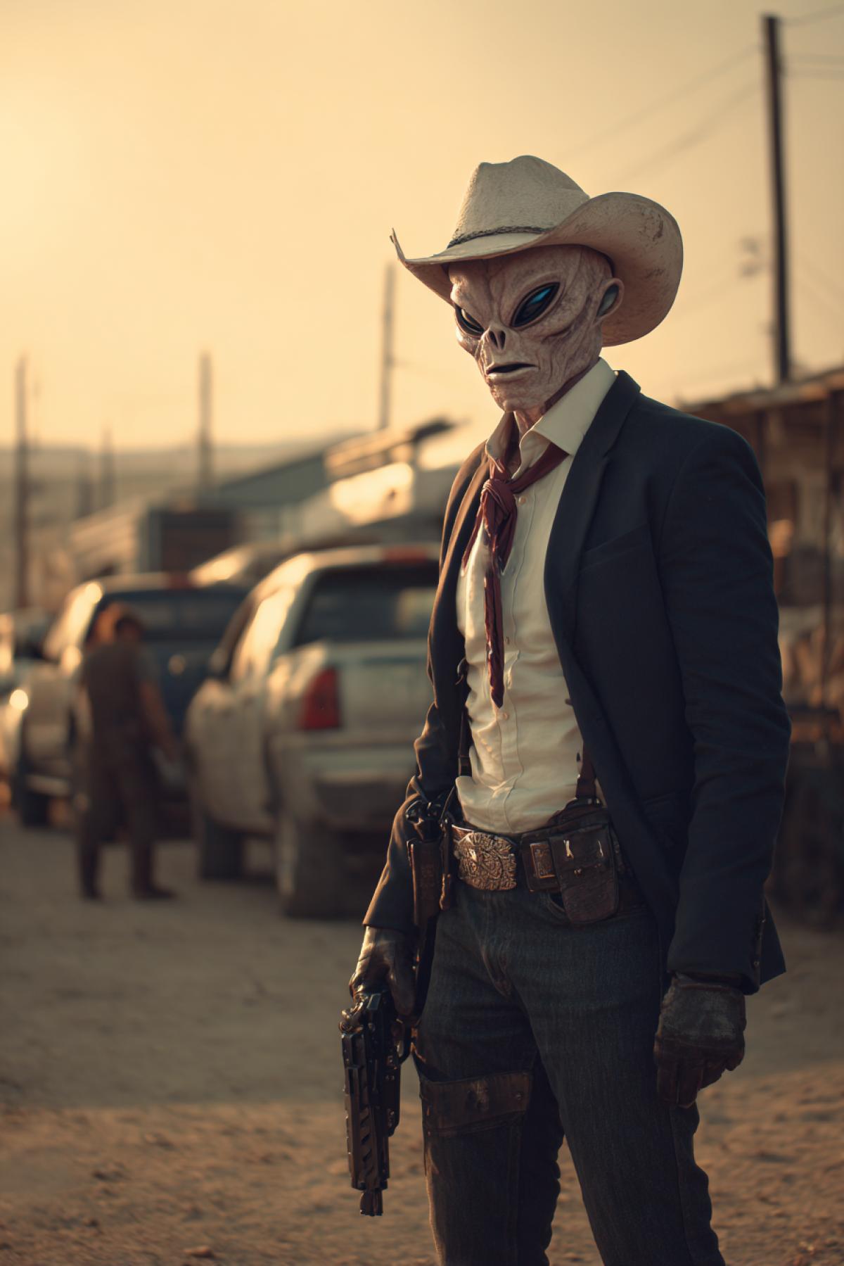 Secret agent of an alien in a cinematographic scene in the urban environment among cowboys