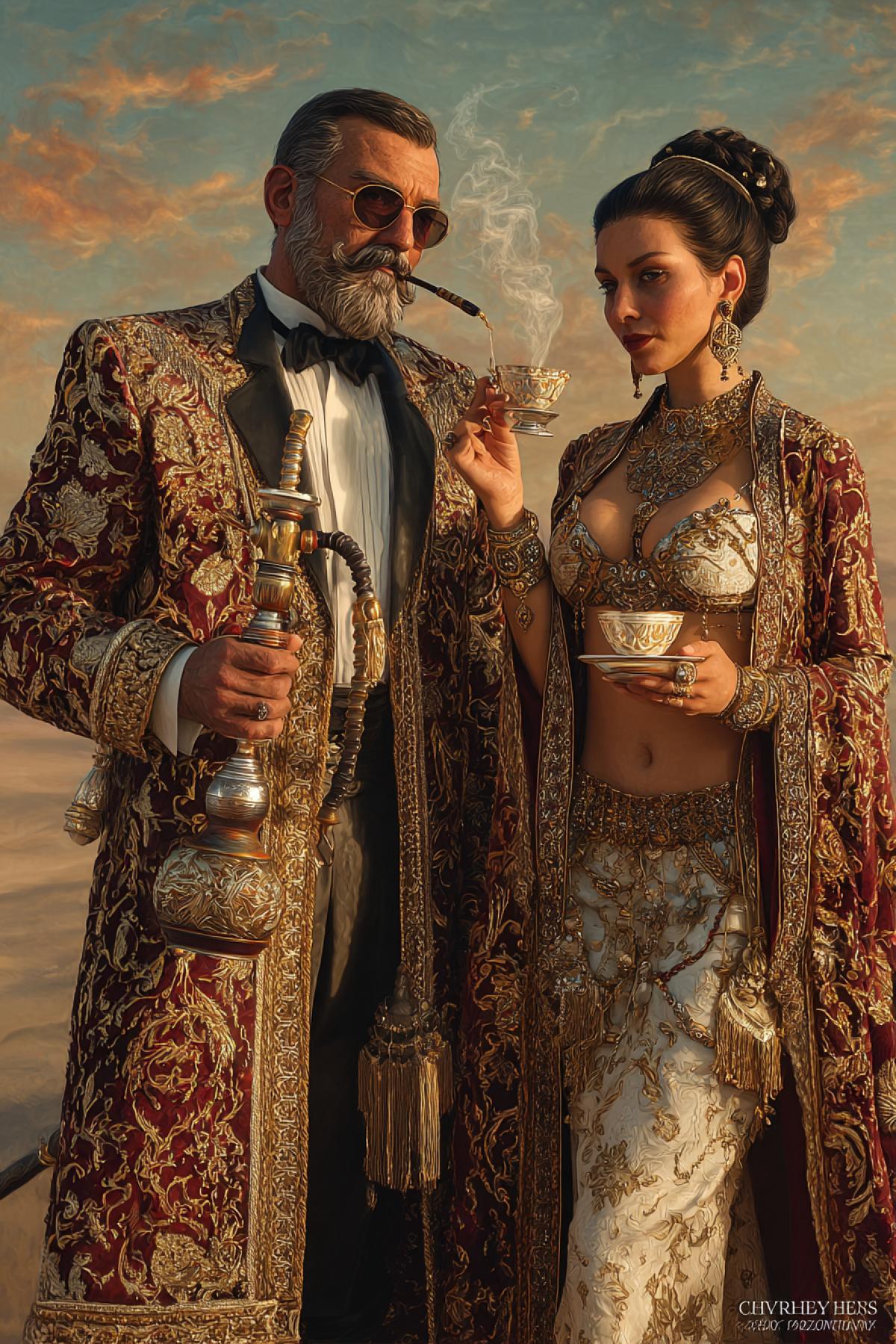 Hodja Nasreddin as the \"007 of the Middle East\", wearing a tailored tuxedo under an embroidered oriental robe, holding a ornate hookah like a sophisticated weapon. Beside him a beautiful 4k woman in luxurious traditional silk attire with gold jewelry, offering him a cup of coffee. Desert oasis backdrop at sunset, cinematic lighting, hyperrealistic, 8k, blend of espionage and oriental elegance.