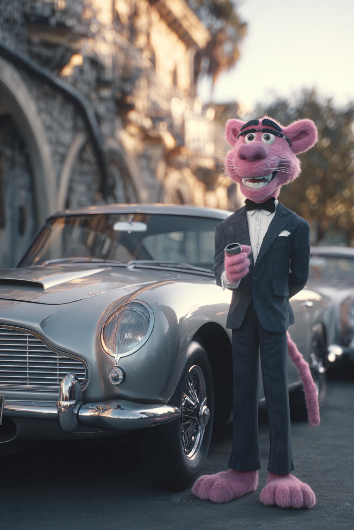 Pink Panther, a DePatie-Freleng Studios character as James Bond, wearing a classic dark suit next to an Aston Martin DB5