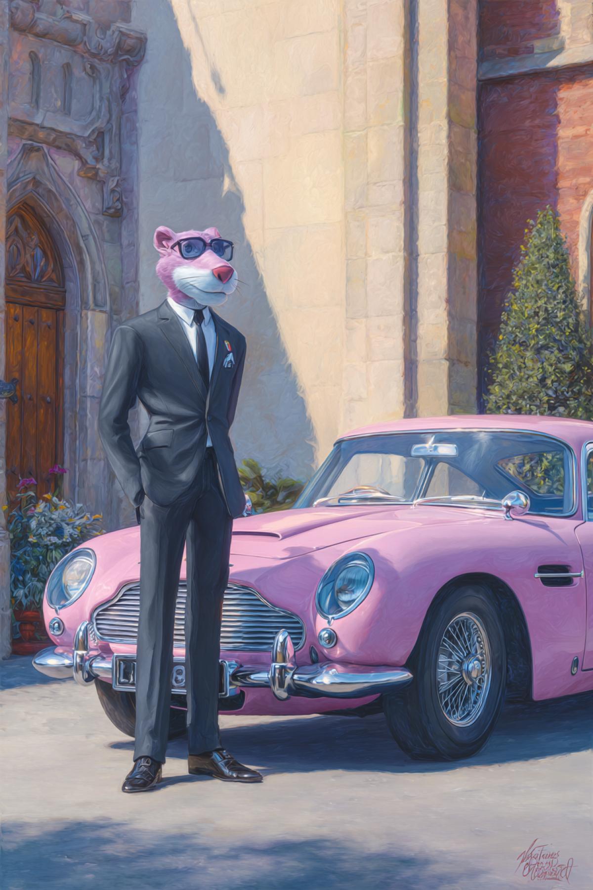 Pink Panther, a DePatie-Freleng Studios character as James Bond, wearing a classic dark suit next to an Aston Martin DB5