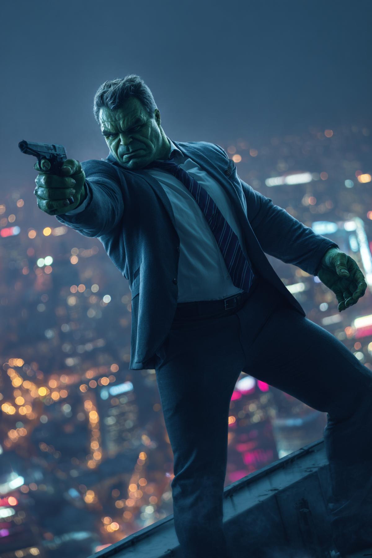 Hulk as James Bond, in a classic dark suit, with a gun in his hand, a cool expression on his face, on the roof of a skyscraper, at night, a cinematic shot