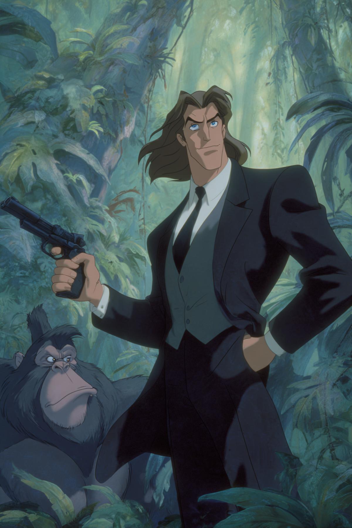 Tarzan with long hair as James Bond, in a classic dark suit, with a gun in his hand, a cool expression on his face, in the jungle, 1999 Disney cartoon, Terkin the Gorilla next to Tarzan
