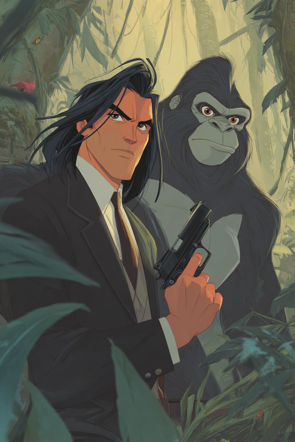 Tarzan with long hair as James Bond, in a classic dark suit, with a gun in his hand, a cool expression on his face, in the jungle, 1999 Disney cartoon, Terkin the Gorilla next to Tarzan