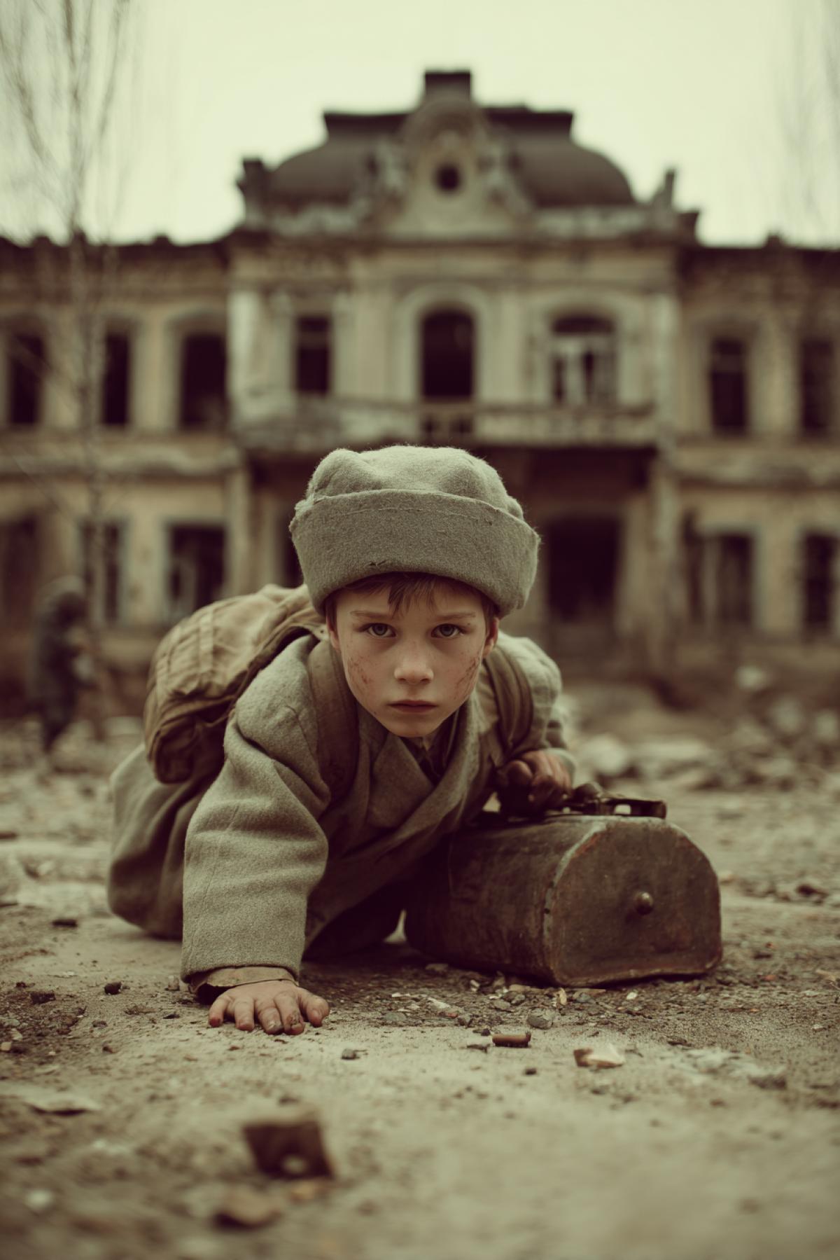 7yo Boy Schoolboy resolutely crawls a military manner in the direction of the beautiful school building under the shelling and attack of monsters drags with him a school portfolio decisive face, brave epic image, we see it from the side