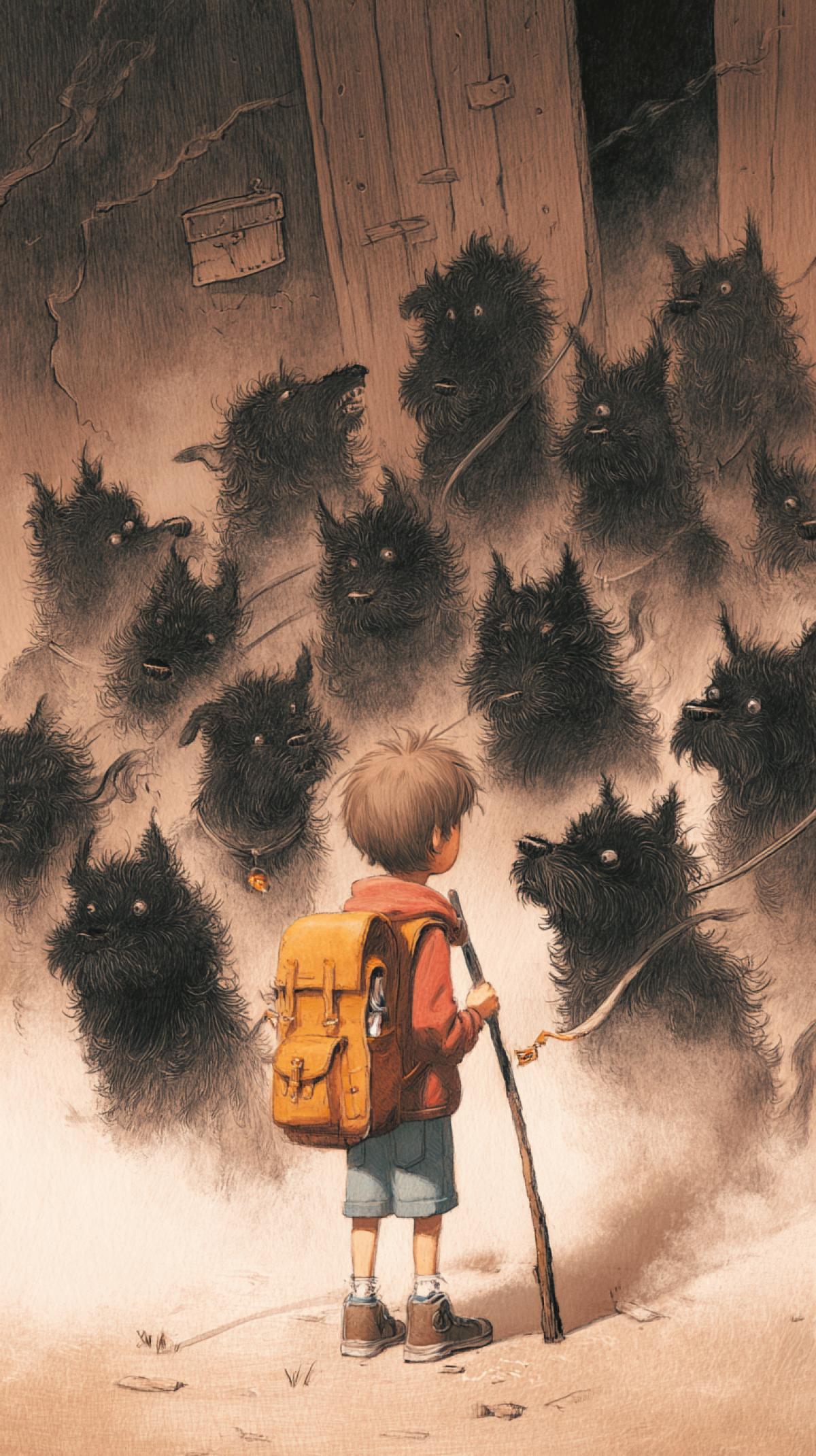A boy with a backpack and a stick in his hands against a flock of evil dogs at the entrance to school