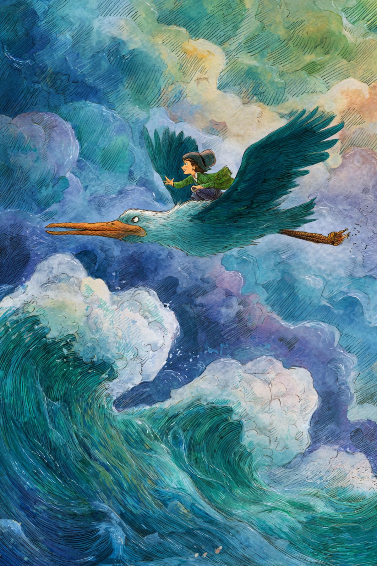 A difficult road to school, style of Hayao Miyazaki and Studio Ghibli, whimsical and detailed, a child flying on the back of a large bird over a stormy sea to get to school, vibrant colors, magical realism, dreamy atmosphere, watercolor painting style