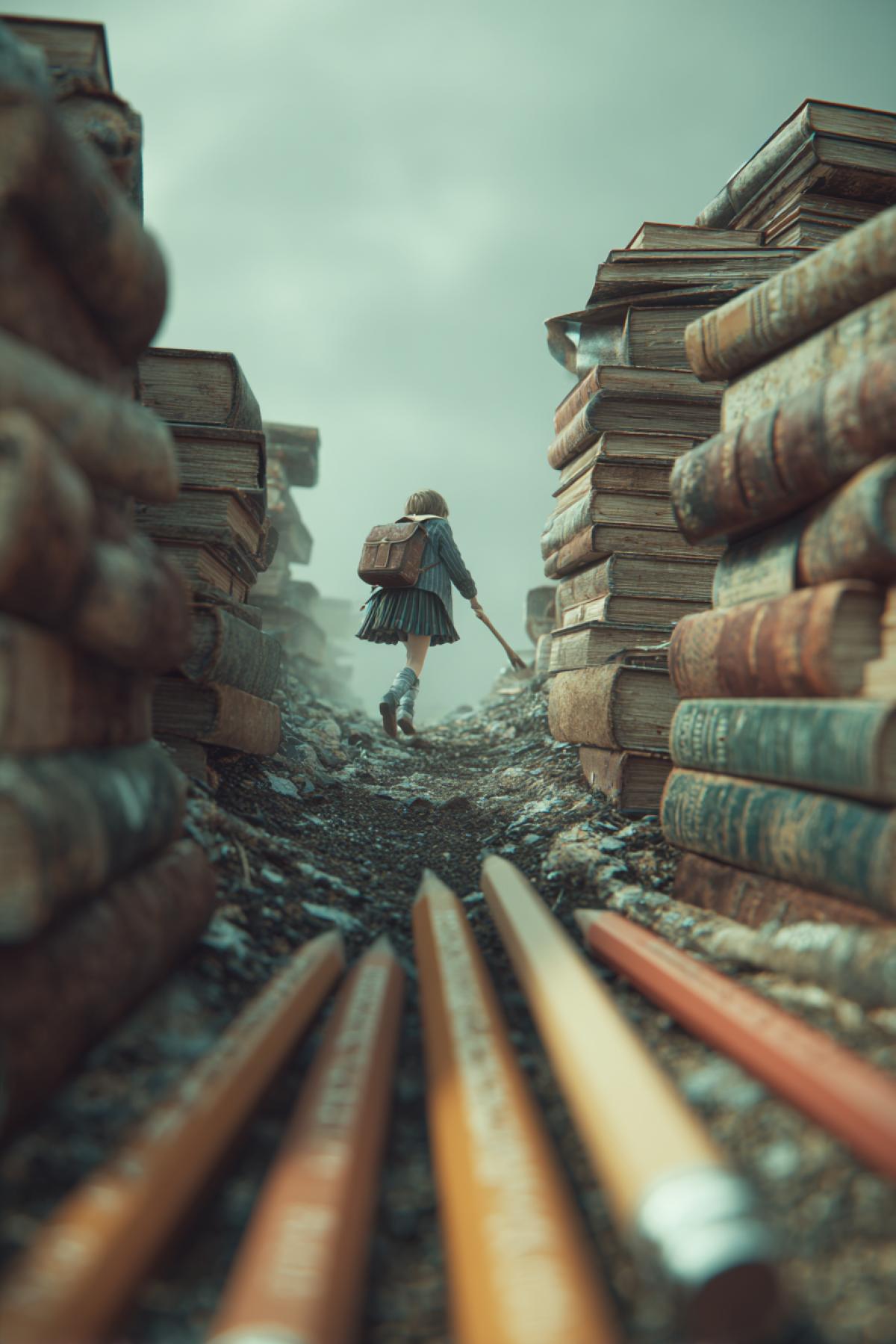 The difficult road to school is a literal path made of big , weathered books and pencils, a child climbing over them, symbolic, surreal, dreamlike, muted colors, thoughtful com4k, metaphor for education