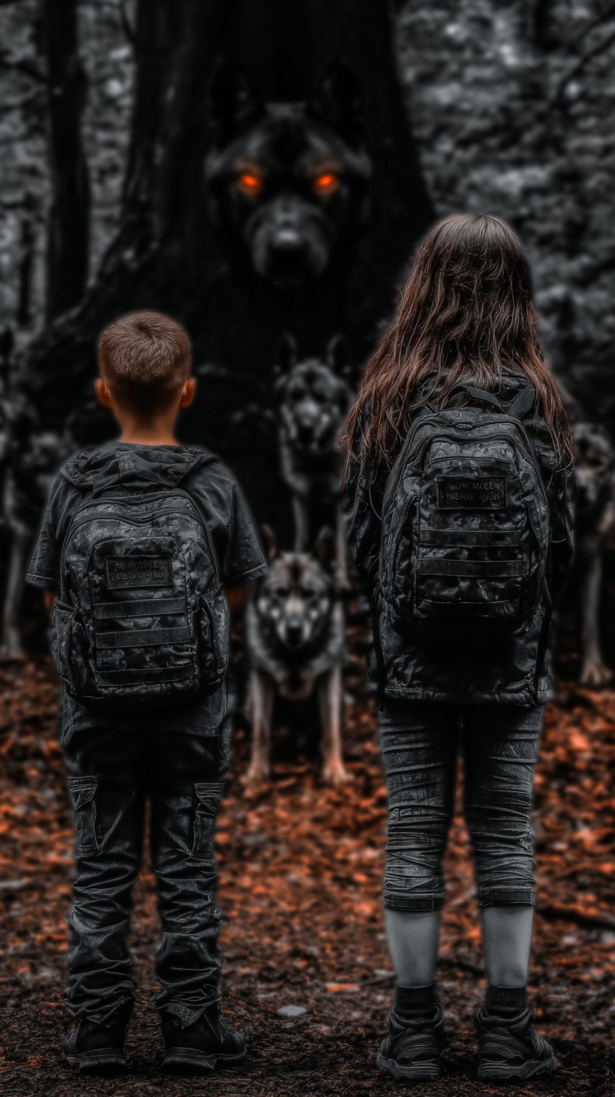 A boy and a girl with school backpacks with sticks against a flock of dogs go to school, danger, photo