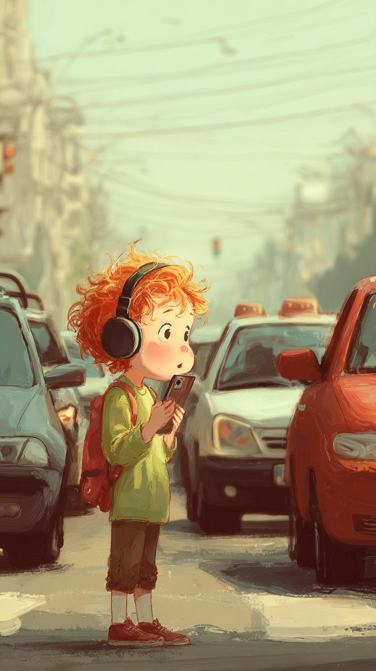 Ginger stupid boy firstgrader passes through a busy road full of cars with a big phone in her hands and in large headphones without noticing cars around