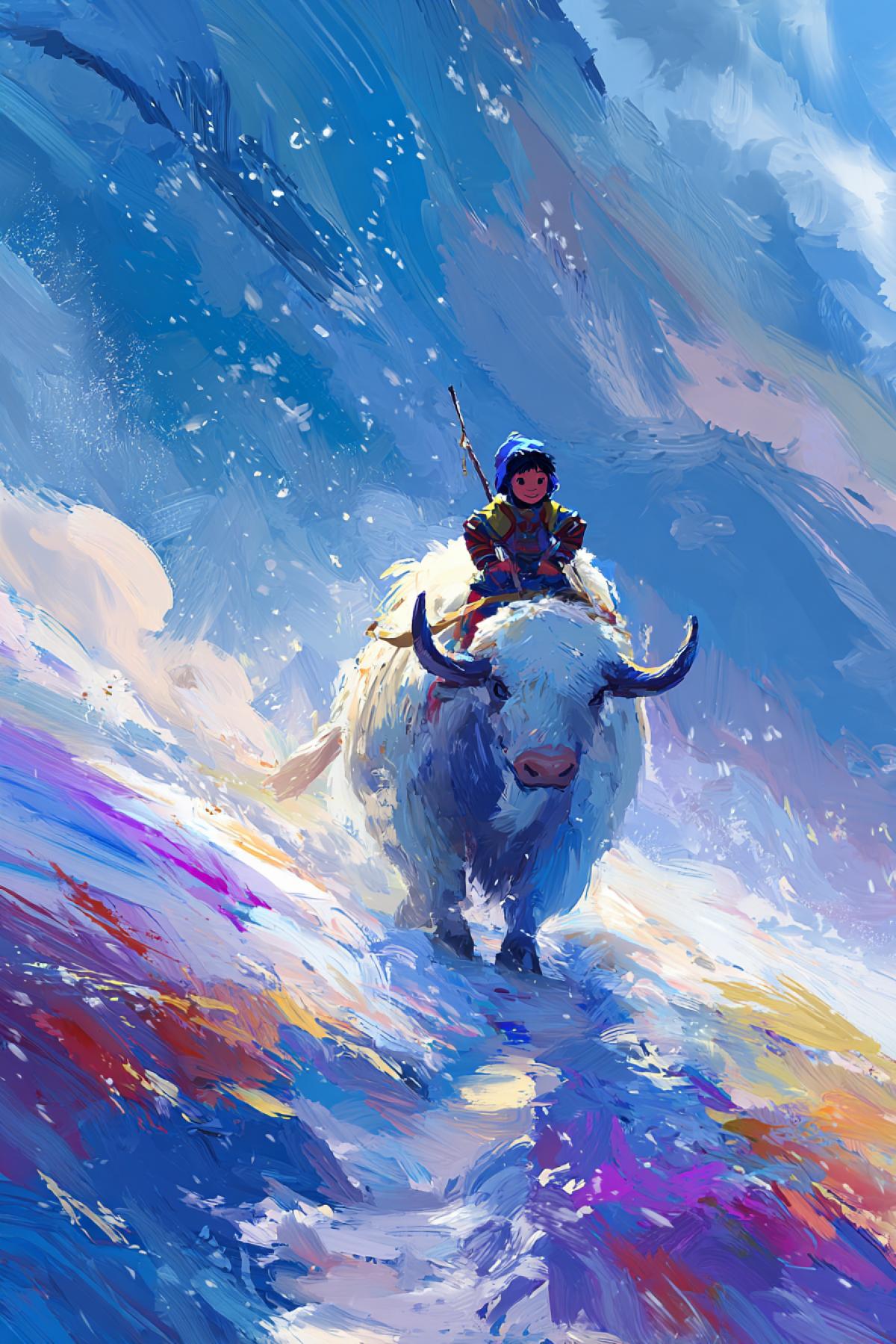 A vibrant digital painting of a child riding a yak through a blizzard on a mountain path, stylized art, bold colors, expressive brushstrokes, fantasy adventure illustration, book cover art, and heroic