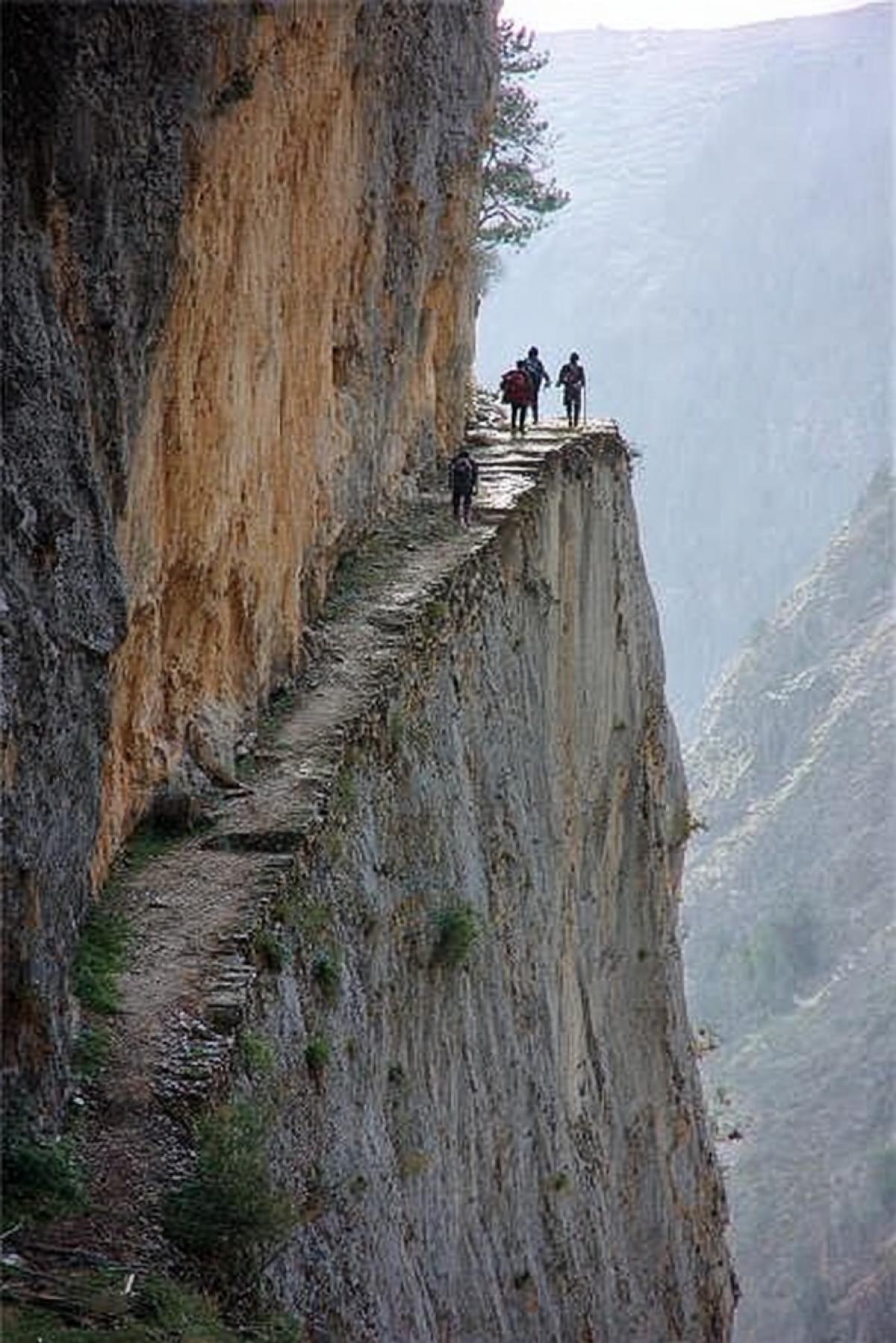 8-year-old schoolchildren walking on a steep cliff, with backpacks on their backs, photo