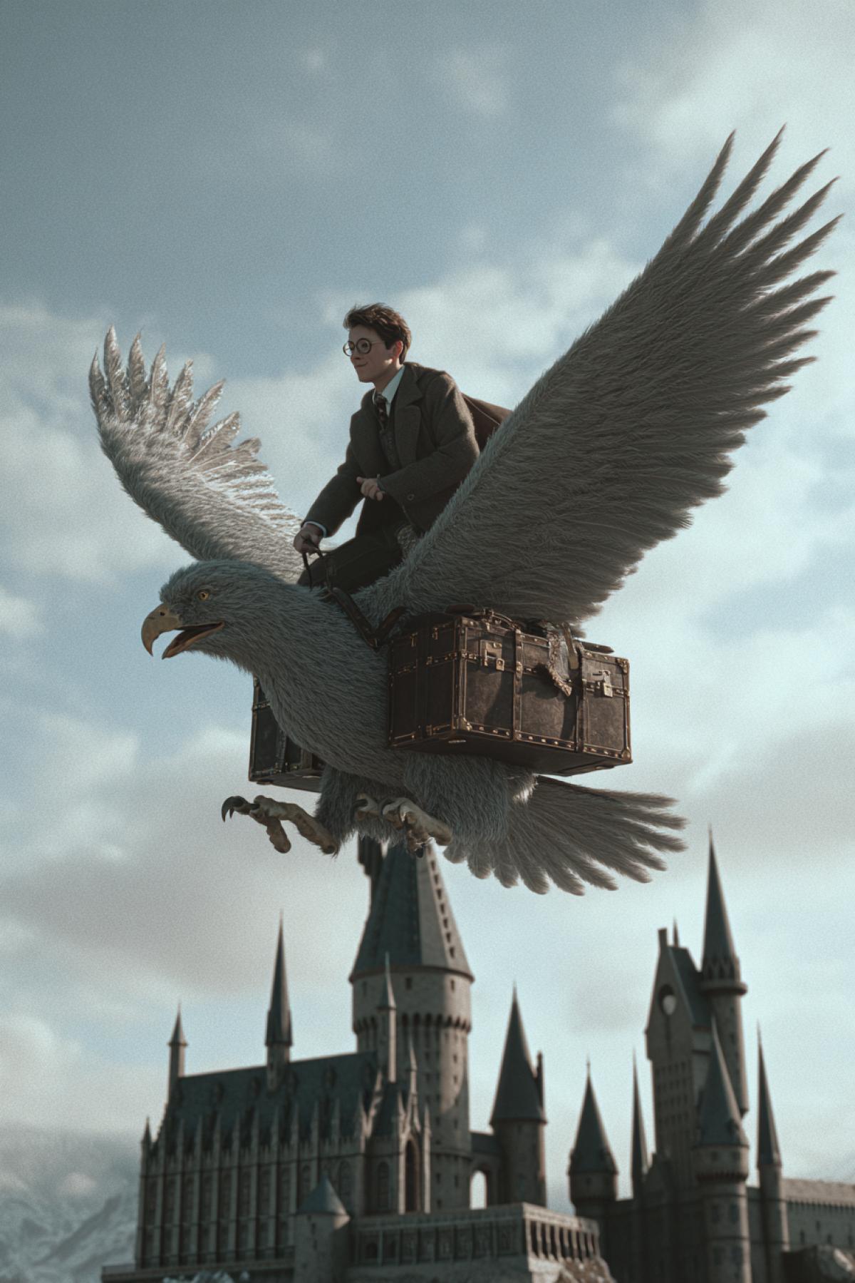 Harry Potter riding Buckbeak, briefcase in hand, flying over the castle, cinematic shot