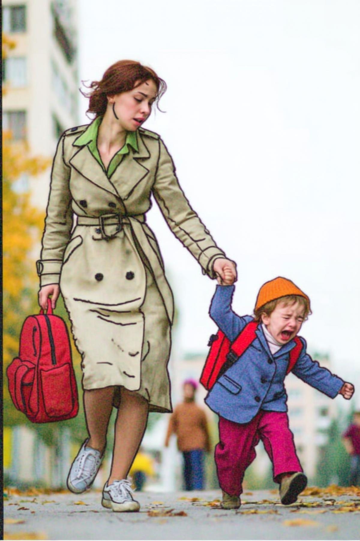 A determined mother in a practical beige trench coat and sneakers, dragging her crying, screaming child to school by the hand. The child in a blue school uniform with a red backpack trailing on the ground, resisting with all four limbs. Autumn environment: fallen leaves on the pavement, a classic Soviet-era school building in the background, other parents with children walking nearby. Morning light, hyperrealistic, emotional, everyday drama.