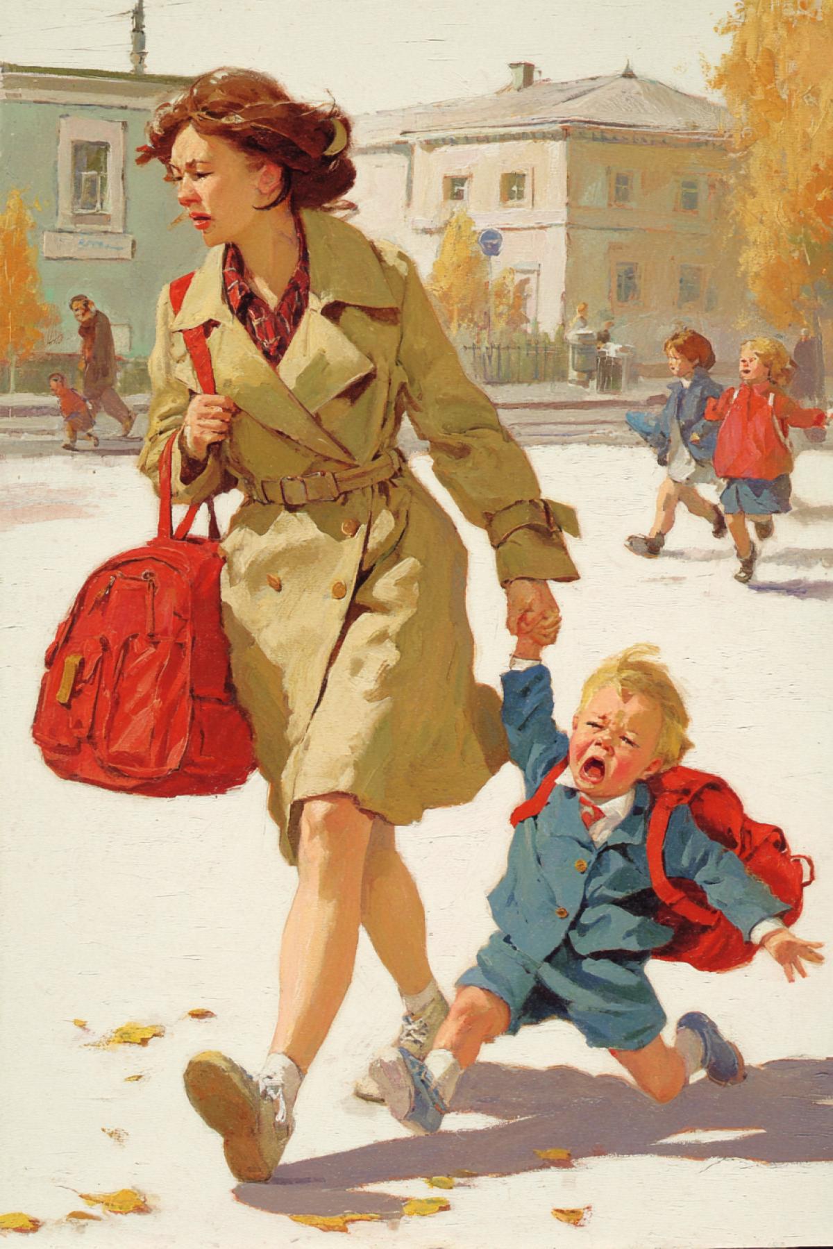 A determined mother in a practical beige trench coat and sneakers, dragging her crying, screaming child to school by the hand. The child in a blue school uniform with a red backpack trailing on the ground, resisting with all four limbs. Autumn environment: fallen leaves on the pavement, a classic Soviet-era school building in the background, other parents with children walking nearby. Morning light, hyperrealistic, emotional, everyday drama.