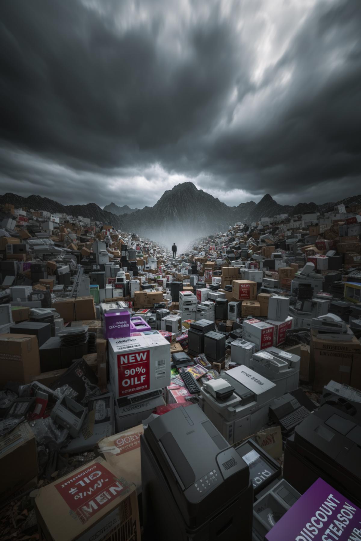 A massive landfill of brand new unsold office equipment under gloomy overcast sky. Grim mountains of outdated technology with boxes labeled \"NEW\", \"DISCOUNT 90%\", \"OUTDATED MODEL\", \"LAST SEASON\" loom over a frightened person. Printers, monitors, keyboards piled chaotically. Moody lighting, post-apocalyptic atmosphere, hyperrealistic, 8k, environmental commentary.
