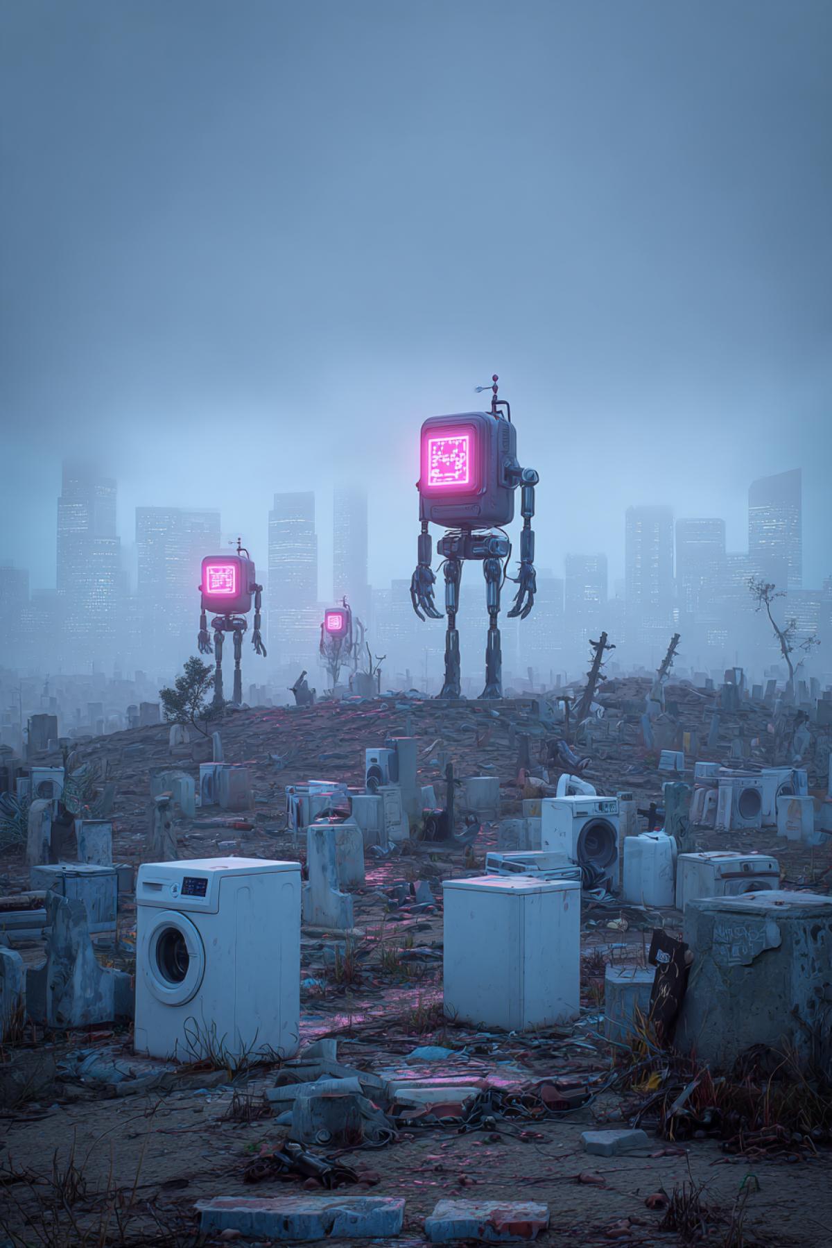 A cemetery of household appliances, with a new generation of neon-lit robots at the top, a Sky Fi robot that is humanized and cinematic, a shot of the future