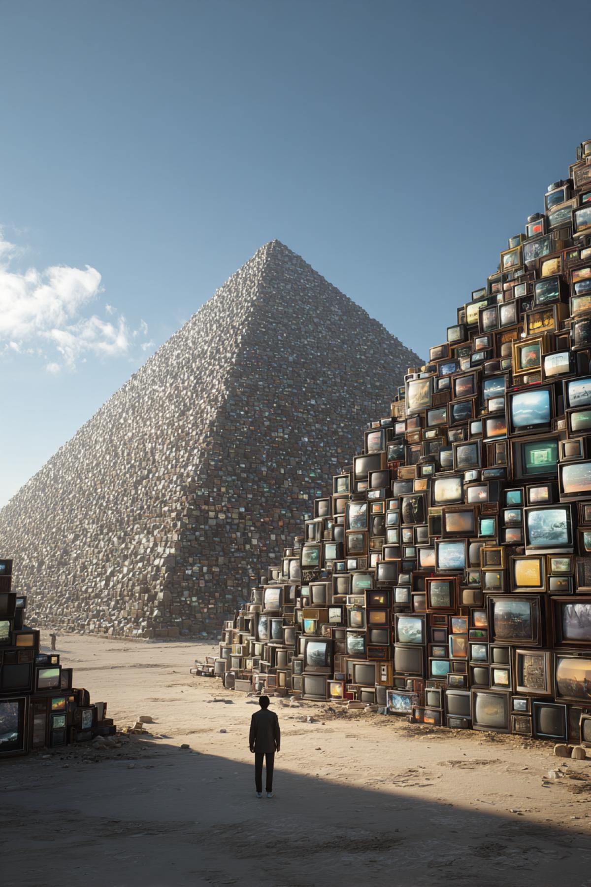 The Great Pyramids of Giza constructed from vintage cathode-ray tube televisions, each screen displaying fragments of popular TV shows from around the world. Low-angle view from below, awe-inspiring perspective, a lone tourist looking up in awe emphasizing the monumental scale. Hyperrealistic, 8k, daytime, clear sky, sharp details.