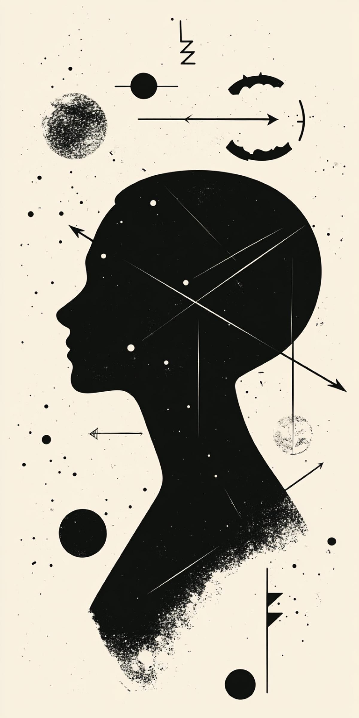 Stylized observer. Human silhouette in profile. Around symbols of thoughts (arrows, circles). Simple forms and lines