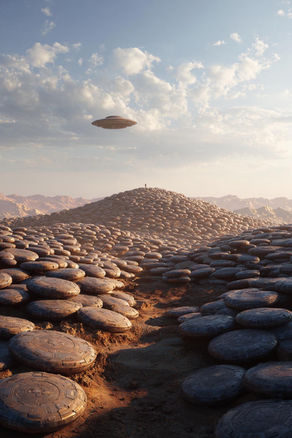 a big pile of big flying saucers, a pile of big flying saucers on the ground, a UFO on Mars, an alien nearby, a single saucer flying in the sky, sci-fi, photorealism