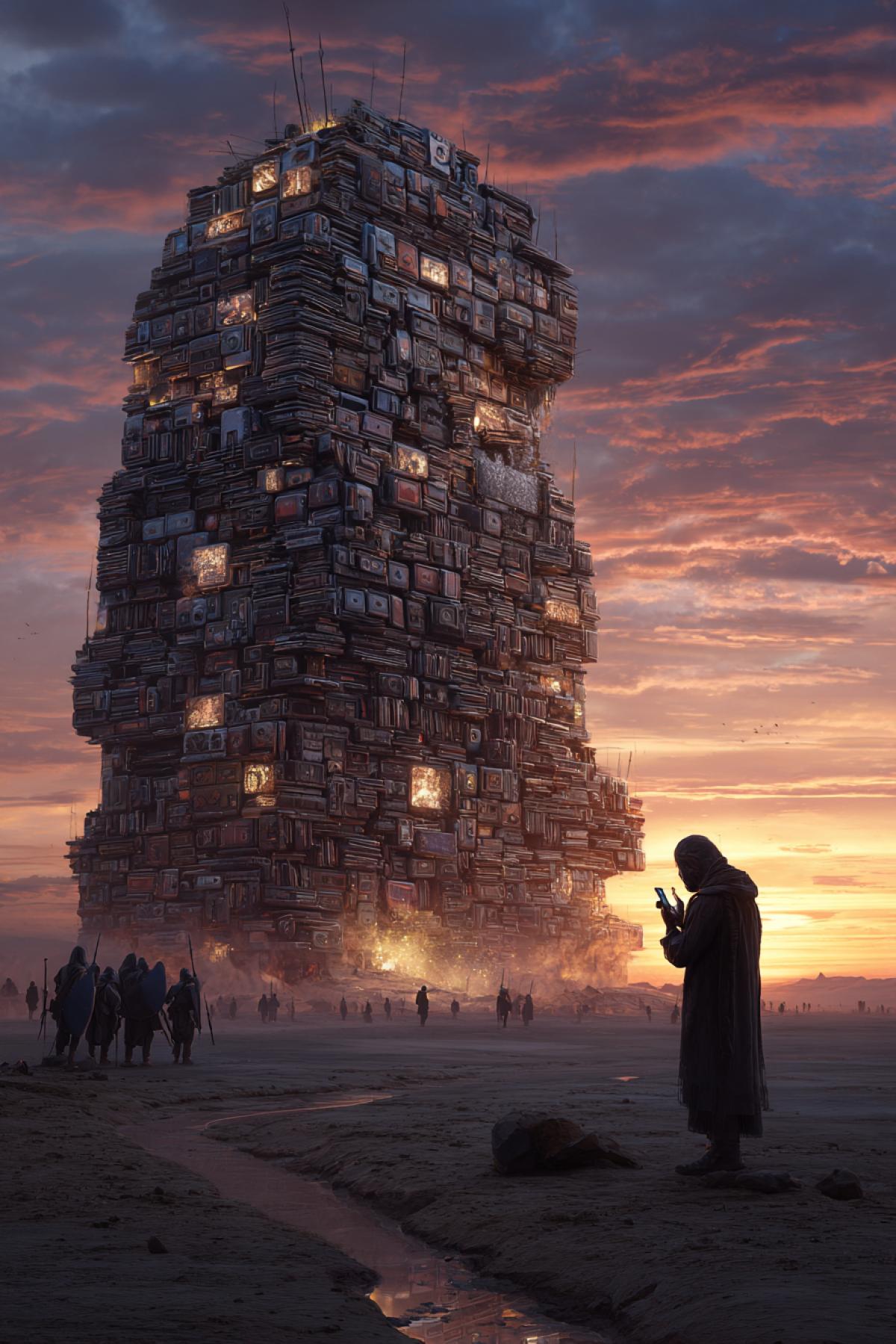 A monumental kurgan built entirely from stacked smartphones, rising beside a ancient desert road. The phones are arranged in intricate layers, some screens cracked or dusty, others still faintly glowing. Tamerlan (Timur) stands at the base, lifting a phone thoughtfully, his face etched with memory and solemnity. Warriors watch in the background, victory fires burning in the distance. Hyperrealistic, dramatic desert sunset lighting, 8k, historical fiction, emotional gravity