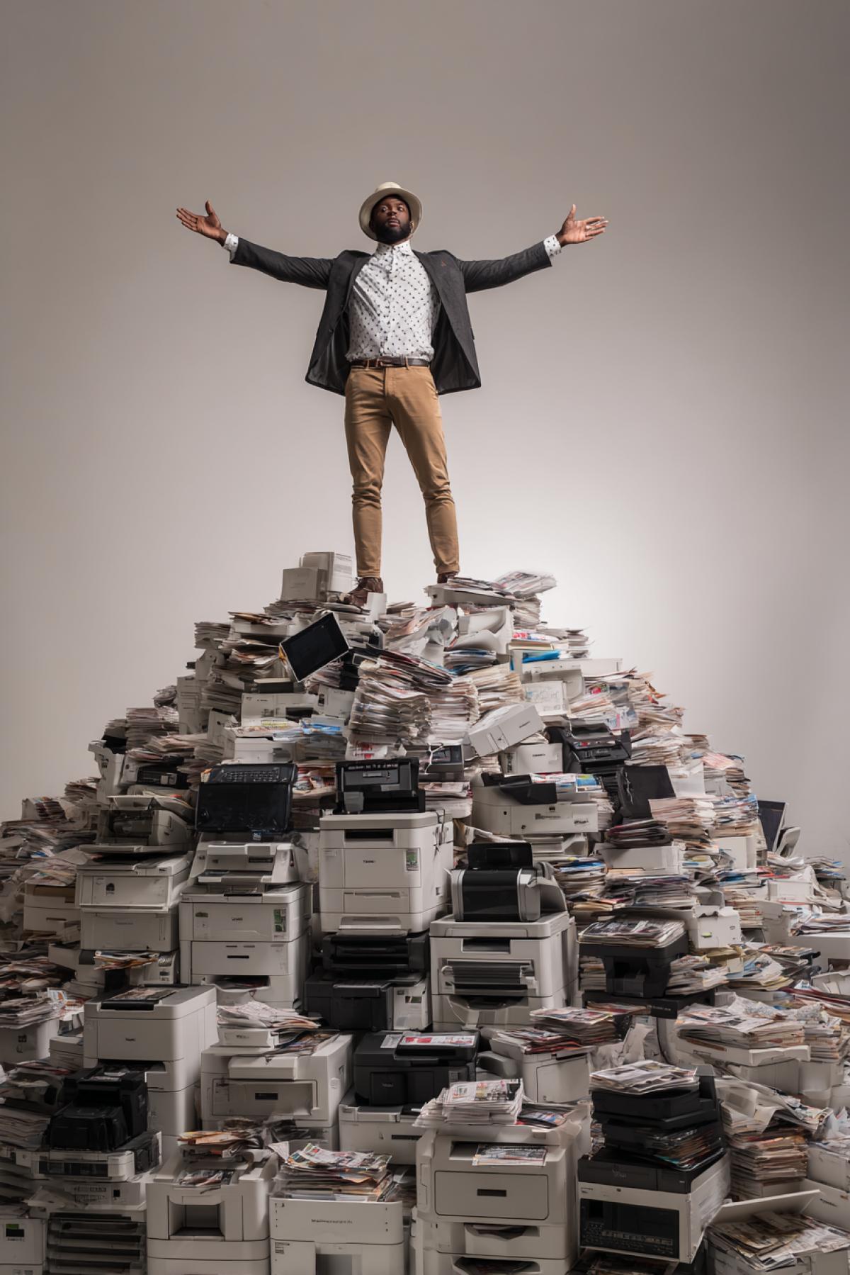 A pile of printers in the form of a pyramid, many printers, highquality photographers in the foreground is a shortlength man with open arms in stylish clothes