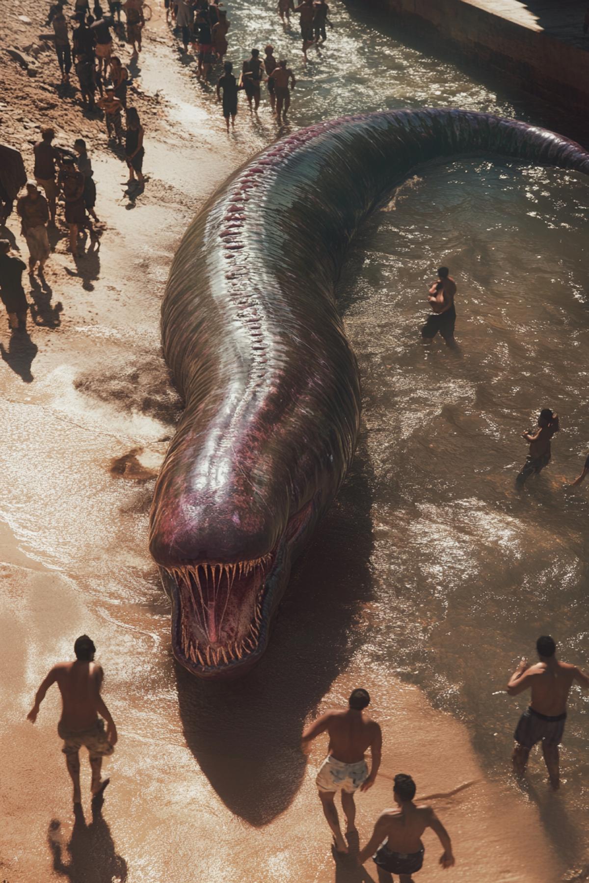 A gigantic leech, as tall as a human, with bright inflated botox lips, crawling out of a river onto an urban beach. People screaming and running away in terror, their bodies contorted in panicsome stumbling, others shielding their faces. The scene is lit by the harsh midday sun, casting sharp shadows and highlighting the slimy texture of the leechs skin. The water glistens as the creature emerges, creating dramatic reflections. Hyperrealistic, 8k, horror, surreal creature design, dynamic 4ks, chaotic atmosphere.