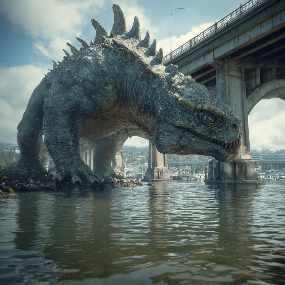 Water monster living in water and shore against the background of the bridge