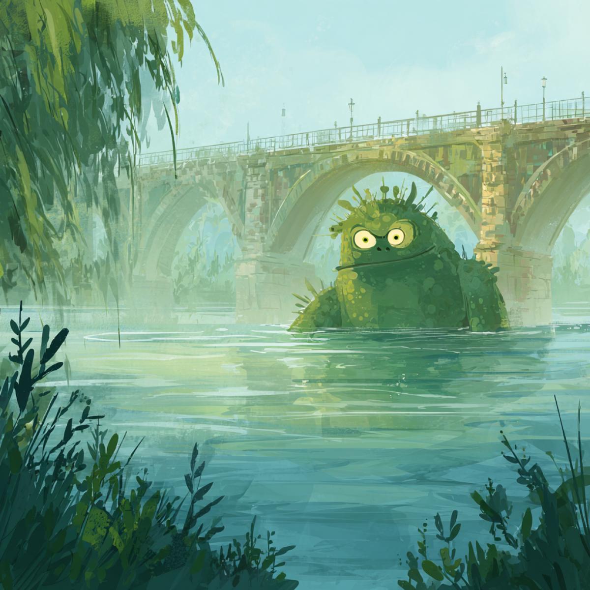 Water monster living in water and shore against the background of the bridge