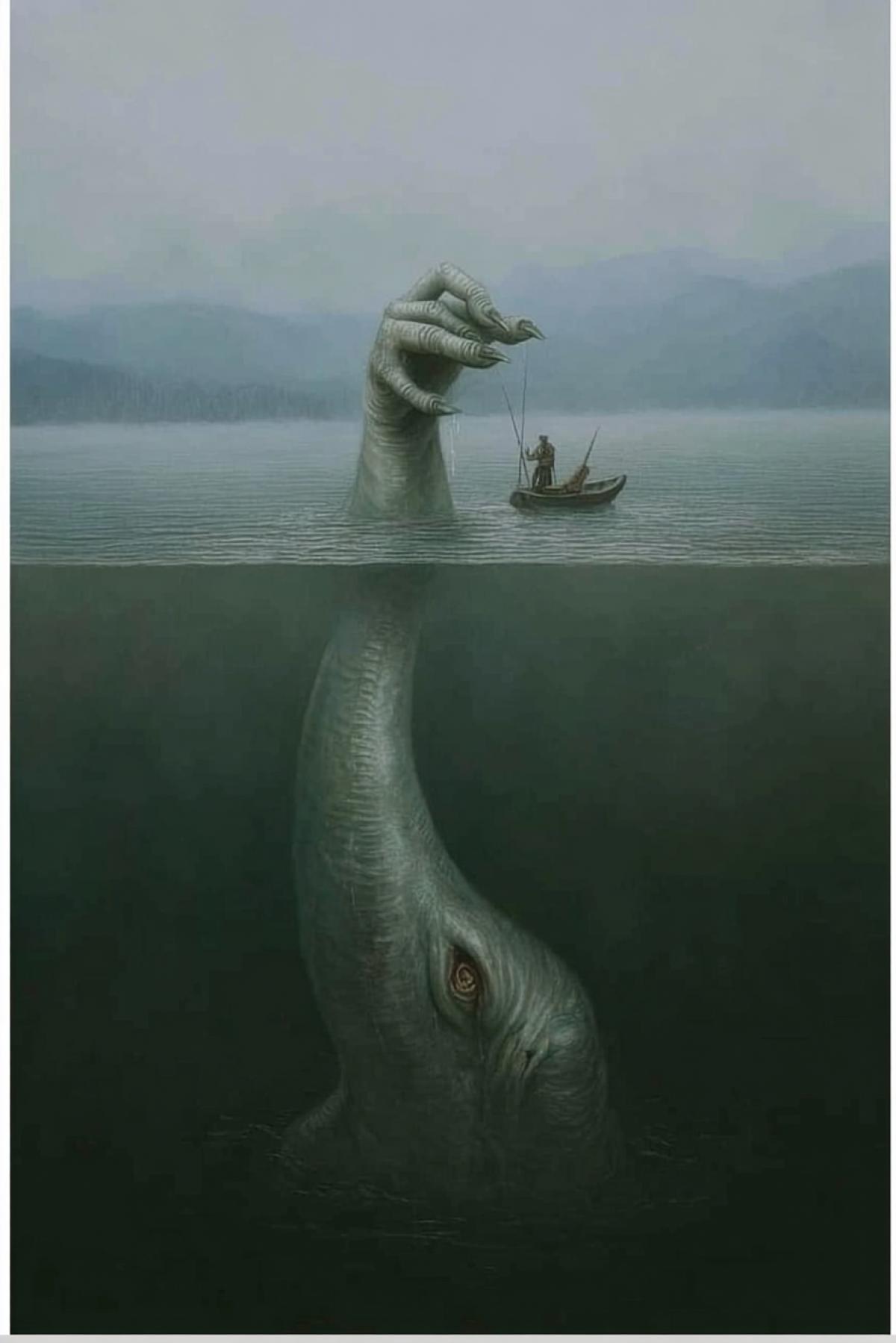 a river monster with a human hand on its head, luring fishermen. We see the monster in the river and the fisherman in the boat on the surface of the water