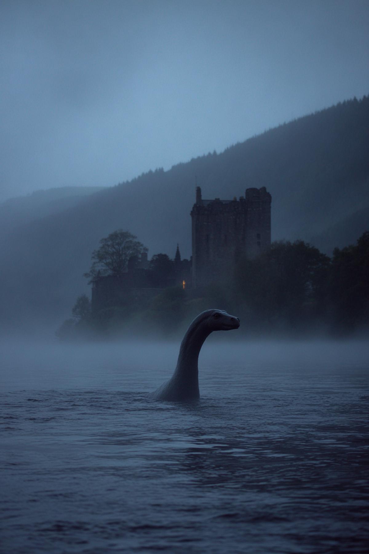Nessie, the Loch Ness Monster, is a character from Scottish folklore and modern popular culture, a creature that is believed to live in Loch Ness in the Scottish Highlands. It is often described as a large animal with a long neck and one or more humps that protrude from the water. An old castle stands on a hill, and the atmosphere is mysterious, with fog and evening light.
