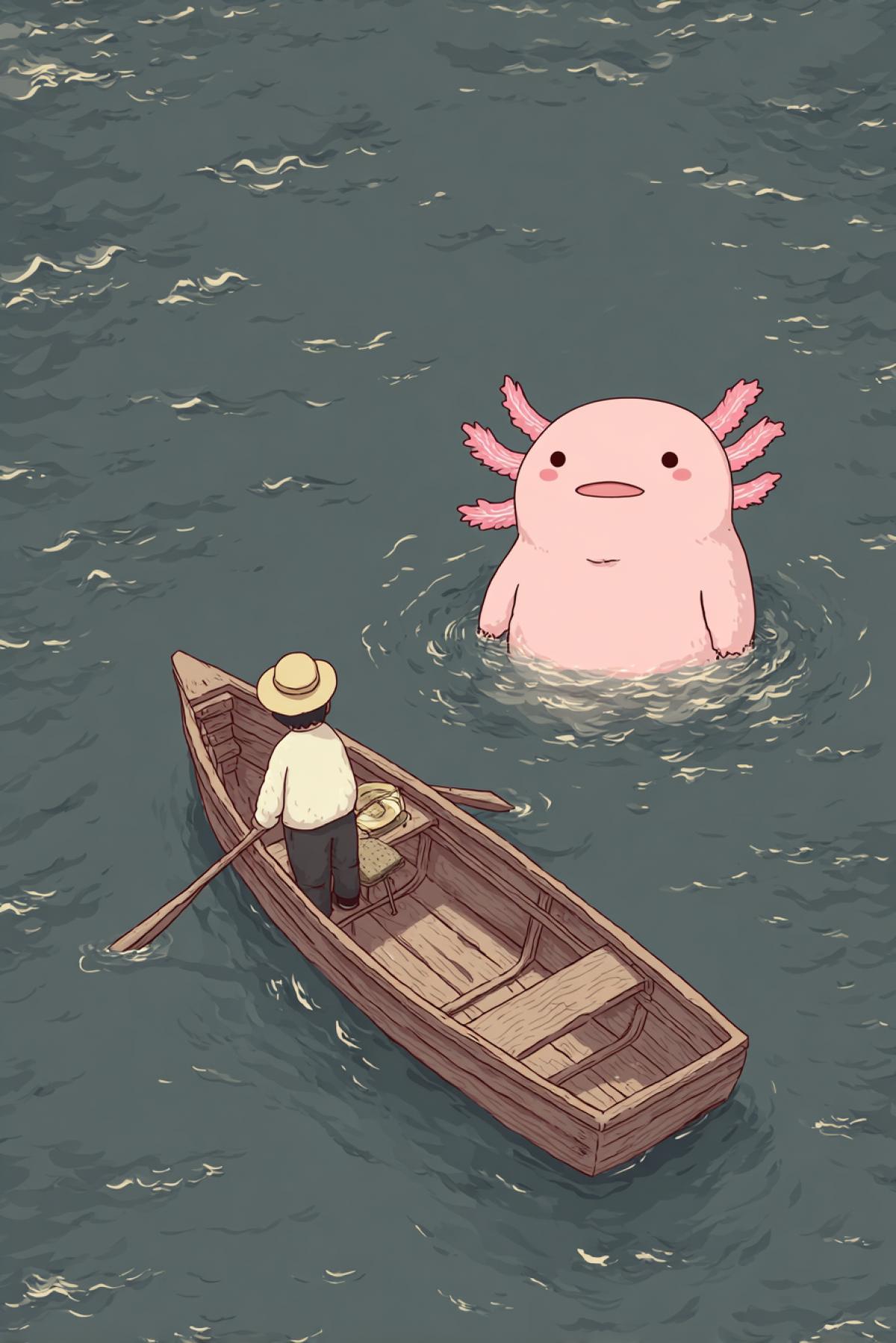 a cute and charming river monster, half-emerged from the water, staring in surprise at the man in the boat. The monster has the shape of an axolotl, with a soft pink color, cute eyes, and a smile.