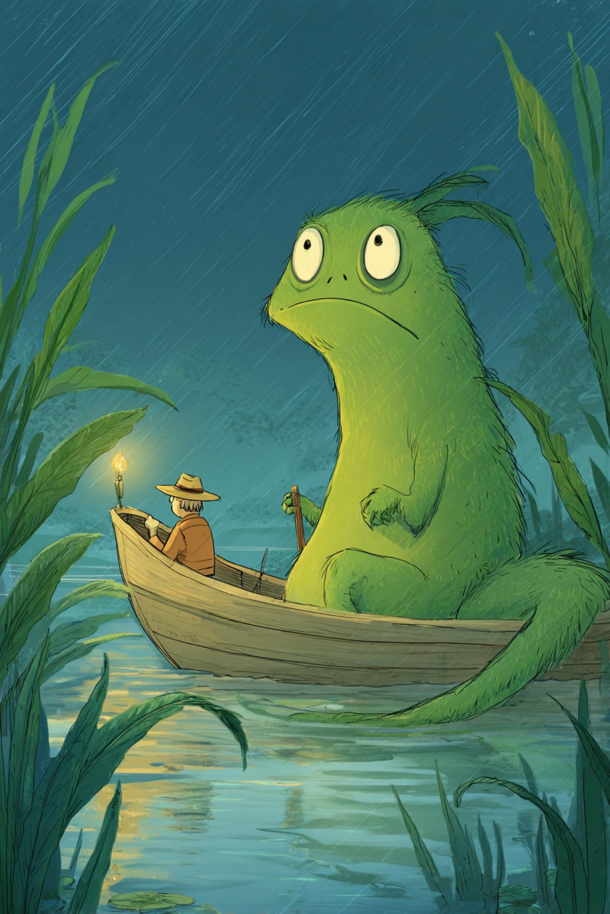 A cute and charming river monster, half-emerging from the water and staring in surprise at the man in the boat