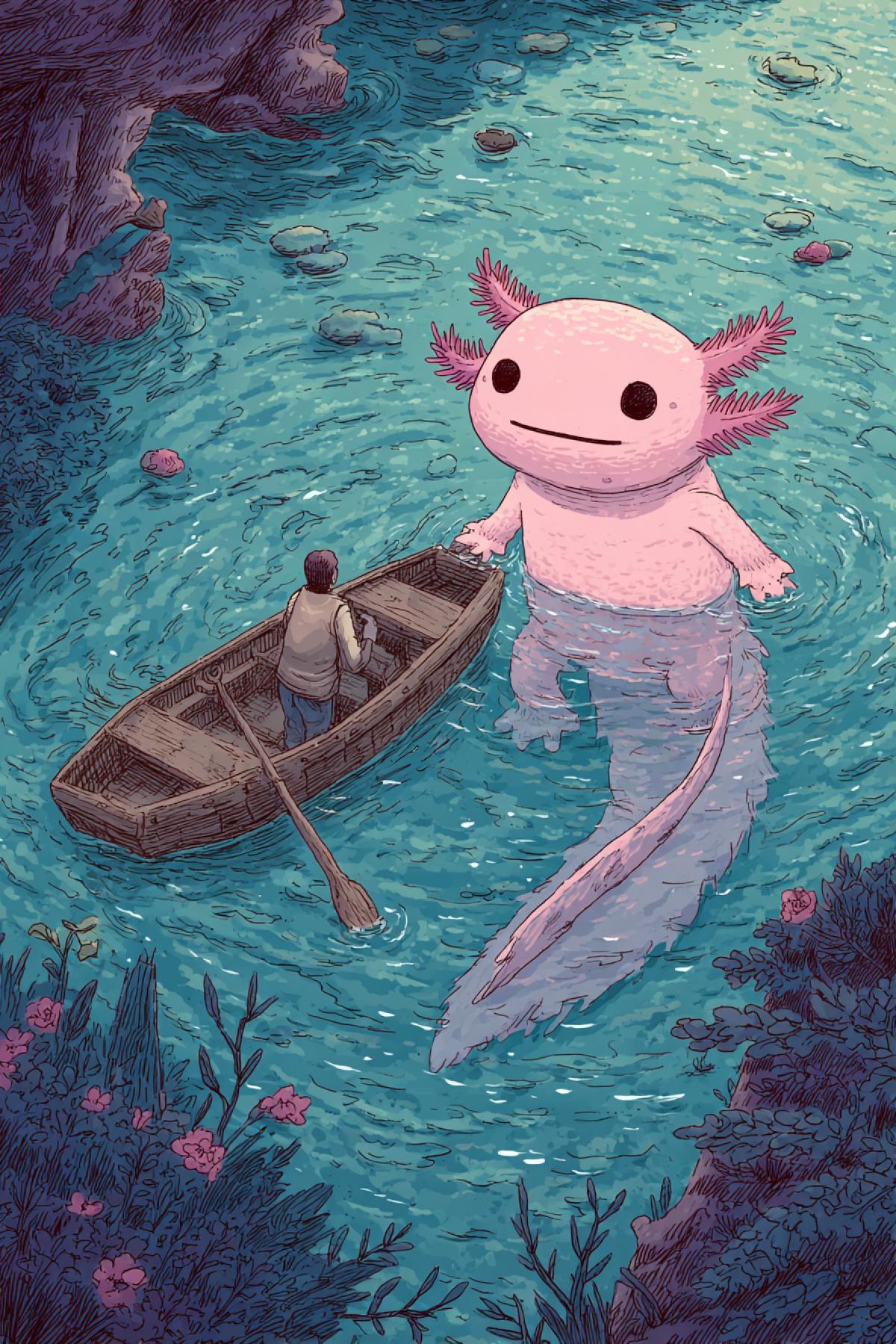 a cute and charming river monster, half-emerged from the water, staring in surprise at the man in the boat. The monster has the shape of an axolotl, with a soft pink color, cute eyes, and a smile.