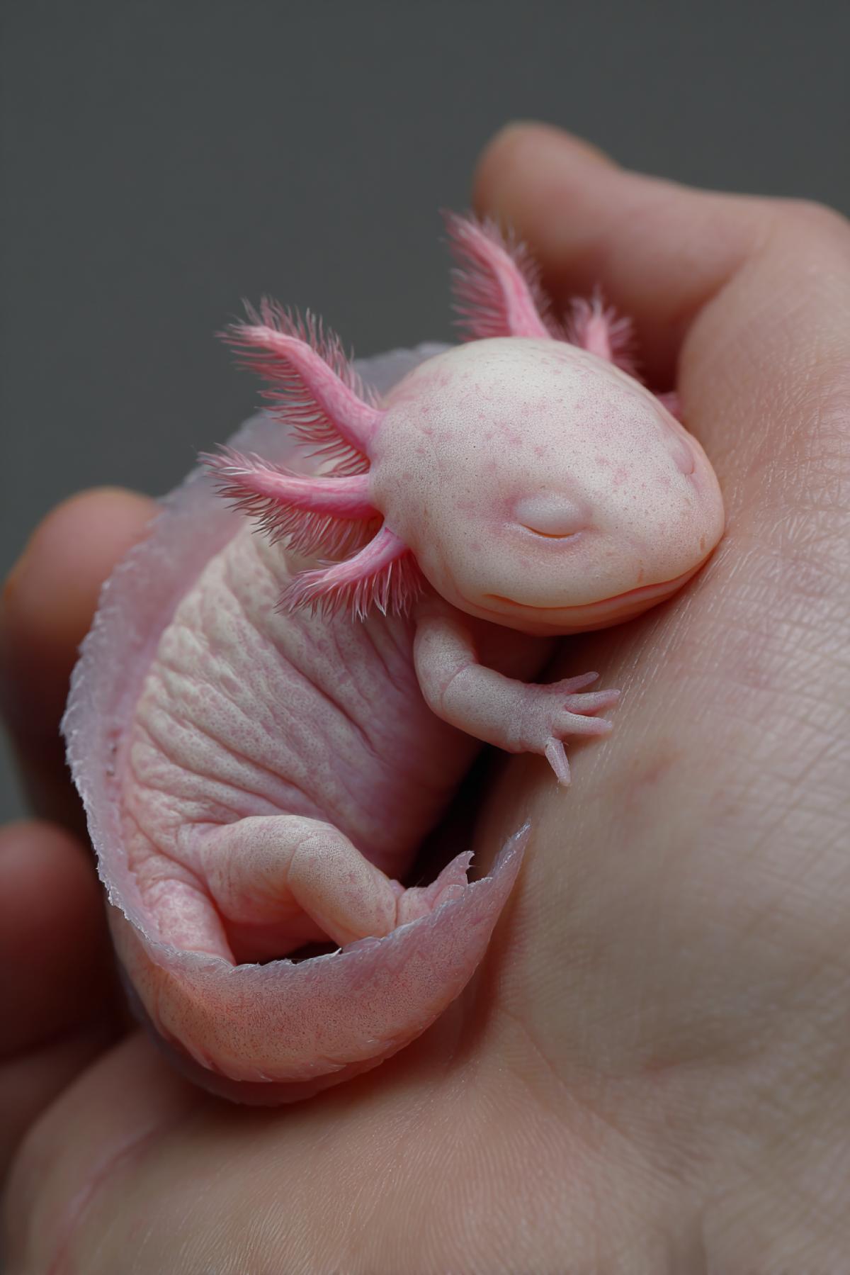 a cute river monster, sleeping peacefully in a persons arms, the monster has the shape of an axolotl and is a delicate pink color