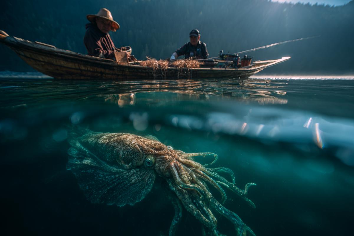 Reporting photo. Fisherman with fishermen and catch. At the bottom of the boat, in addition to the fish, there was an underwater river monster with tentacles, like a squid and a dark shell on their backs. Dramatic contrasting lighting. Impressive picture, spectacular angle