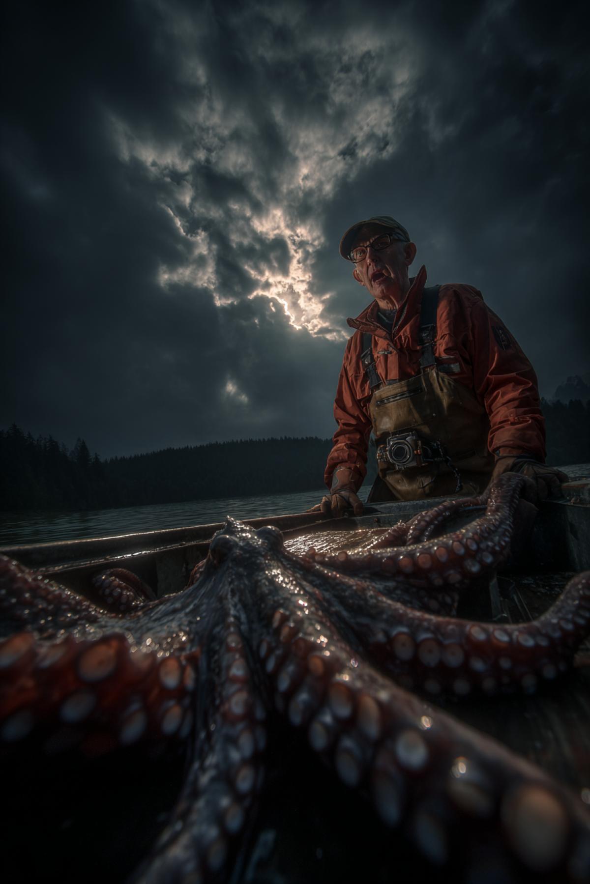 Reporting photo. Fisherman with a fisherman and catch. At the bottom of the boat, in addition to the fish, there was an underwater river monster with tentacles, like a squid and a dark shell on their backs. Dramatic contrasting lighting. An impressive picture, a spectacular angle. On the face of the fisherman, amazement and shock.