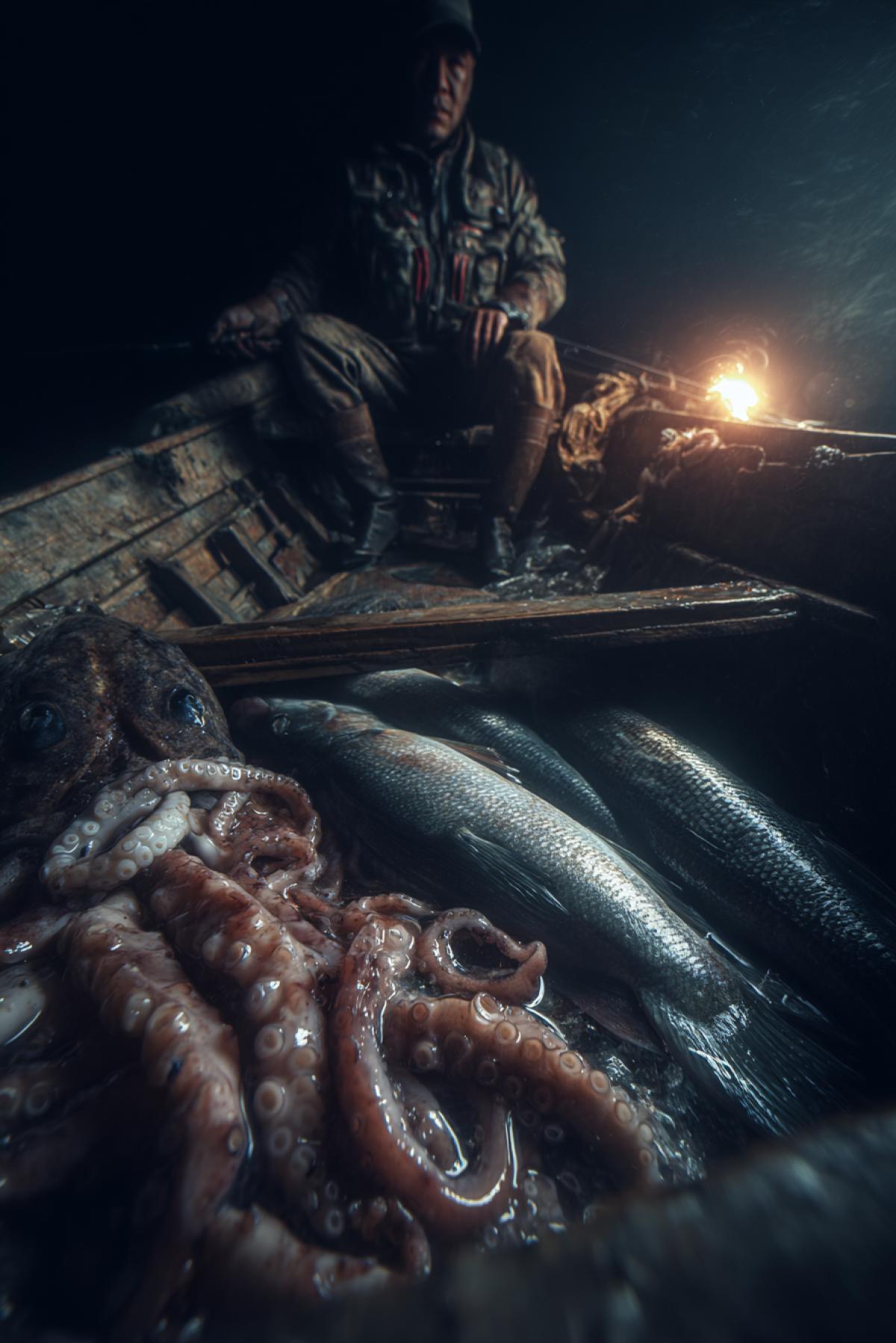 Reporting photo. Fisherman with a fisherman and catch. At the bottom of the boat, in addition to the fish, there was an underwater river monster with tentacles, like a squid and a dark shell on their backs. Dramatic contrasting lighting. An impressive picture, a spectacular angle. On the face of the fisherman, amazement and shock.
