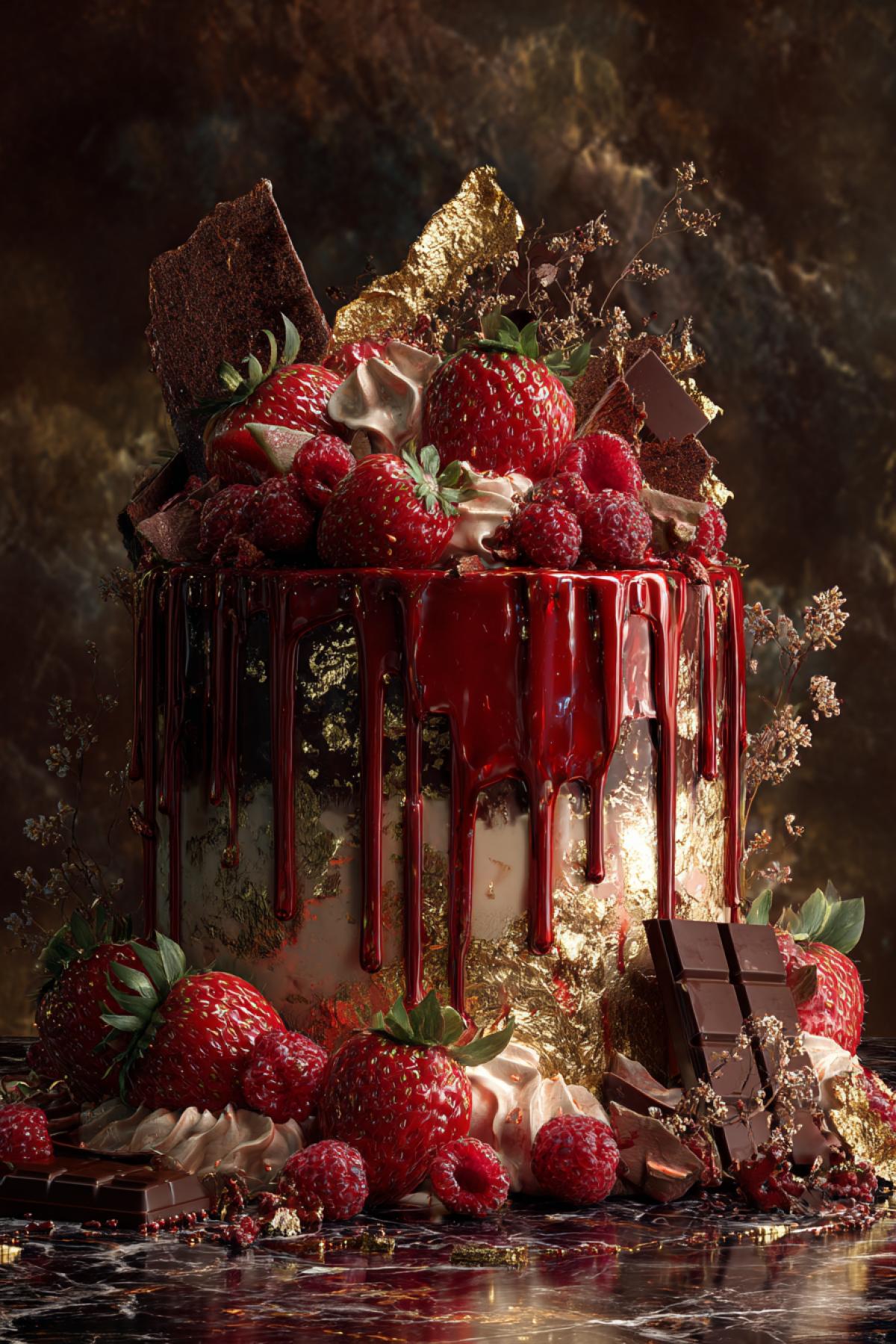 A magnificent and hyper-detailed wedding cake, masterpiece of patisserie art, decorated with intricate gold leaf, glossy crimson red glaze dripping luxuryly, and big , hyper-realistic raspberries. Surrounded by a chaotic burst of creamy frosting, chocolate shards, and sparkling sugar dust. Cinematic lighting, photorealistic, 8k, sharp focus, on a dark marble surface, depth of field. The style of a dramatic Dutch still life painting.