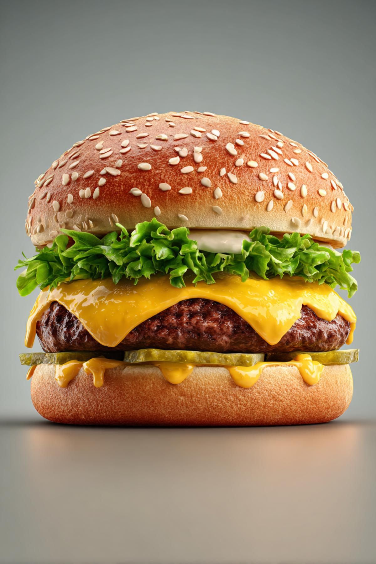 A perfect, symmetrical, and iconic cheeseburger, photorealistic studio shot, advertising style. The sesame bun is glowing and perfectly toasted, the cheese is melting photogenically over a juicy beef patty, crisp fresh lettuce, a tantalizing slice of pickle. Isolated on a minimalist light background, hyper-realistic, high detail, cinematic lighting, shallow depth of field, splash of secret sauce.