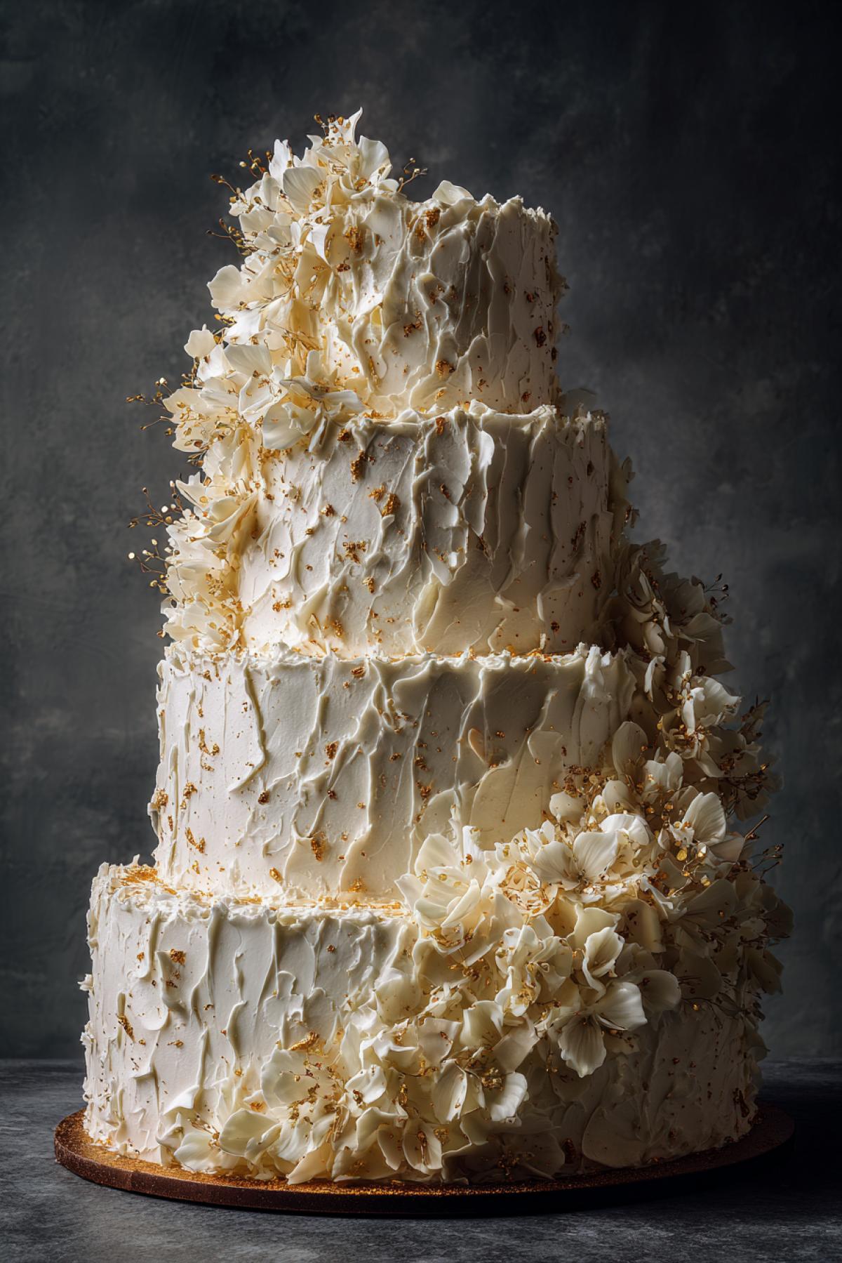 A big luxurious wedding cake with insane amount of perfect white vanilla buttercream, incredibly detailed texture, soft peaks and swirls, delicate creamy layers, covered with elegant white chocolate shavings and gold dust, photorealistic, sharp focus, studio lighting, on a dark slate background, style of a high-end food photography