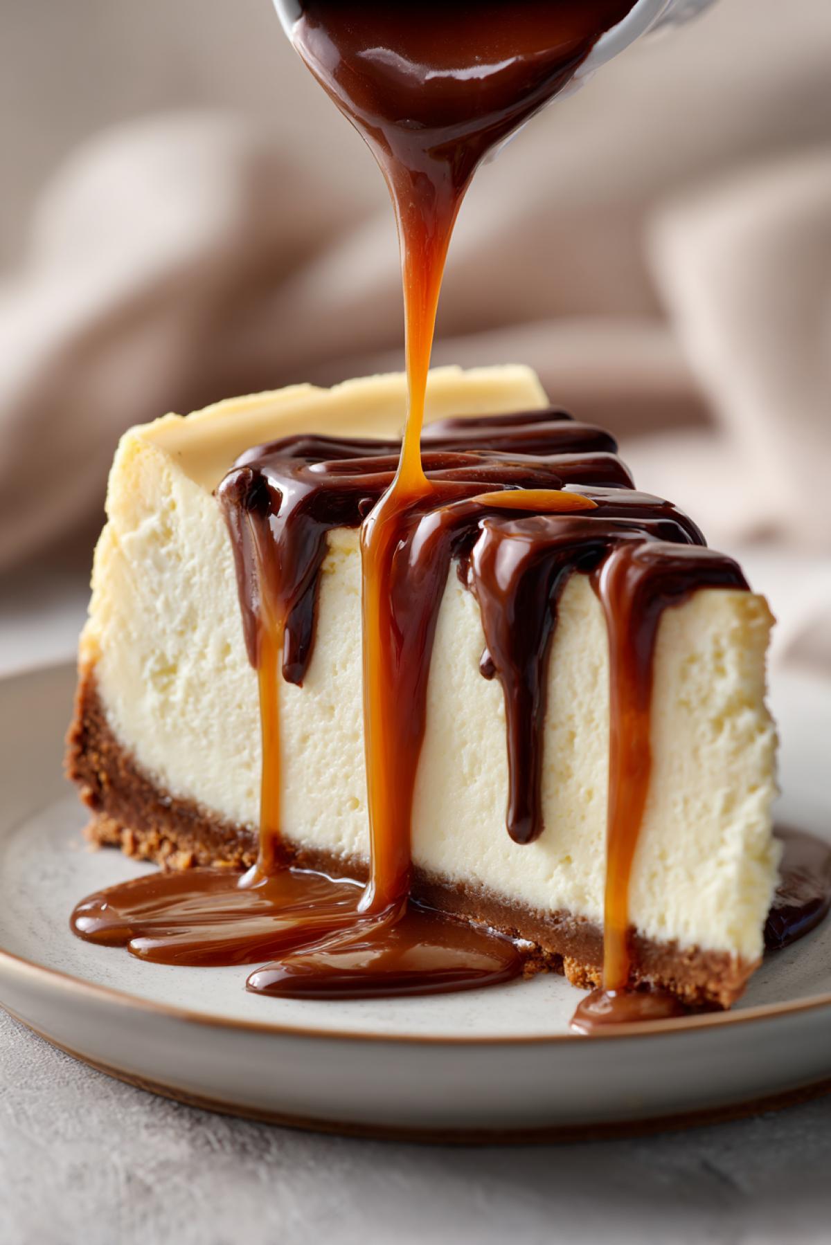 Perfect slice of New York cheesecake with incredibly smooth texture, slight wobble, generous drizzle of glossy caramel sauce and rich chocolate ganache dripping down the sides, on a simple plate, soft natural lighting, shallow depth of field, photorealistic, food photography