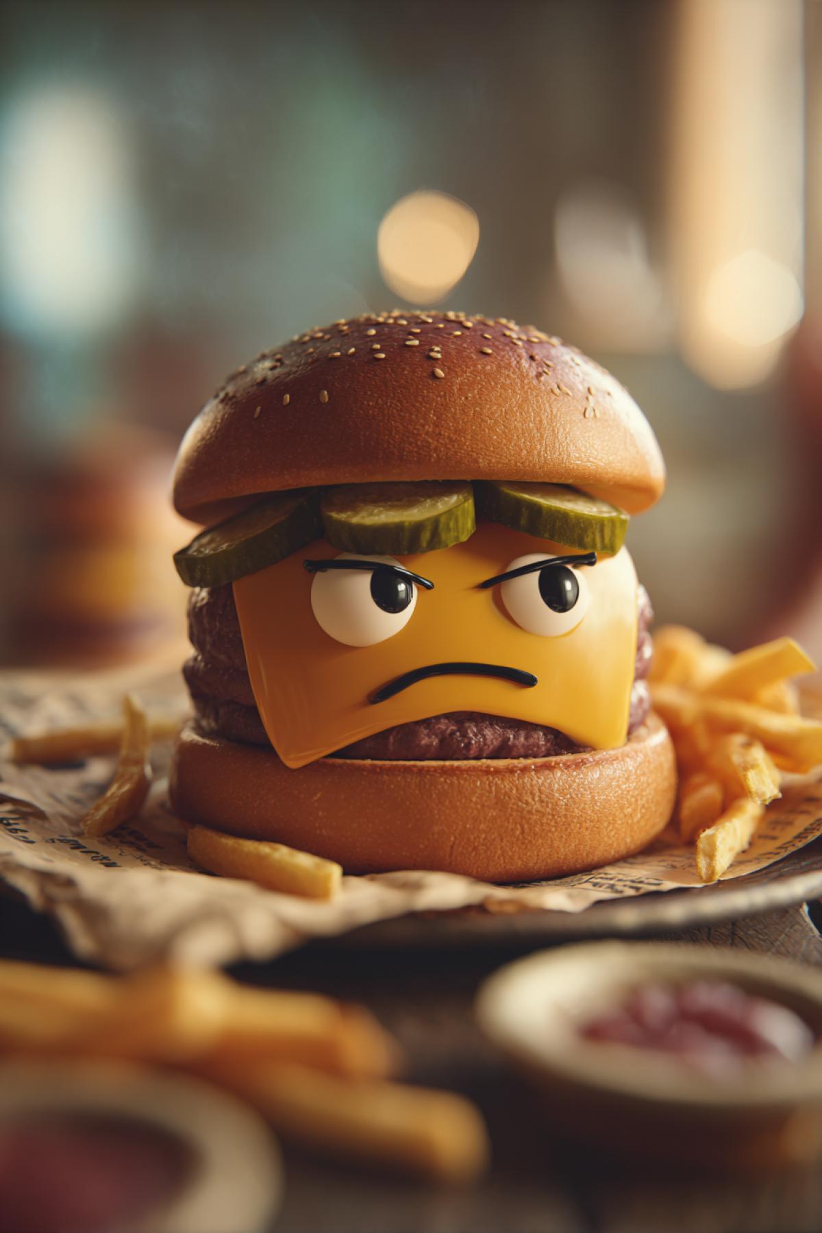 Instagram food photography style. A personified burger with anthropomorphic traits: pickle slices as raised arrogant eyebrows, melted cheese forming a condescending smirk, top bun tilted like a cocky hat. The burger lounges lazily on a greasy plate with crumpled napkins, surrounded by scattered fries. Soft natural lighting, shallow depth of field, warm tones, hyperrealistic, playful satire.
