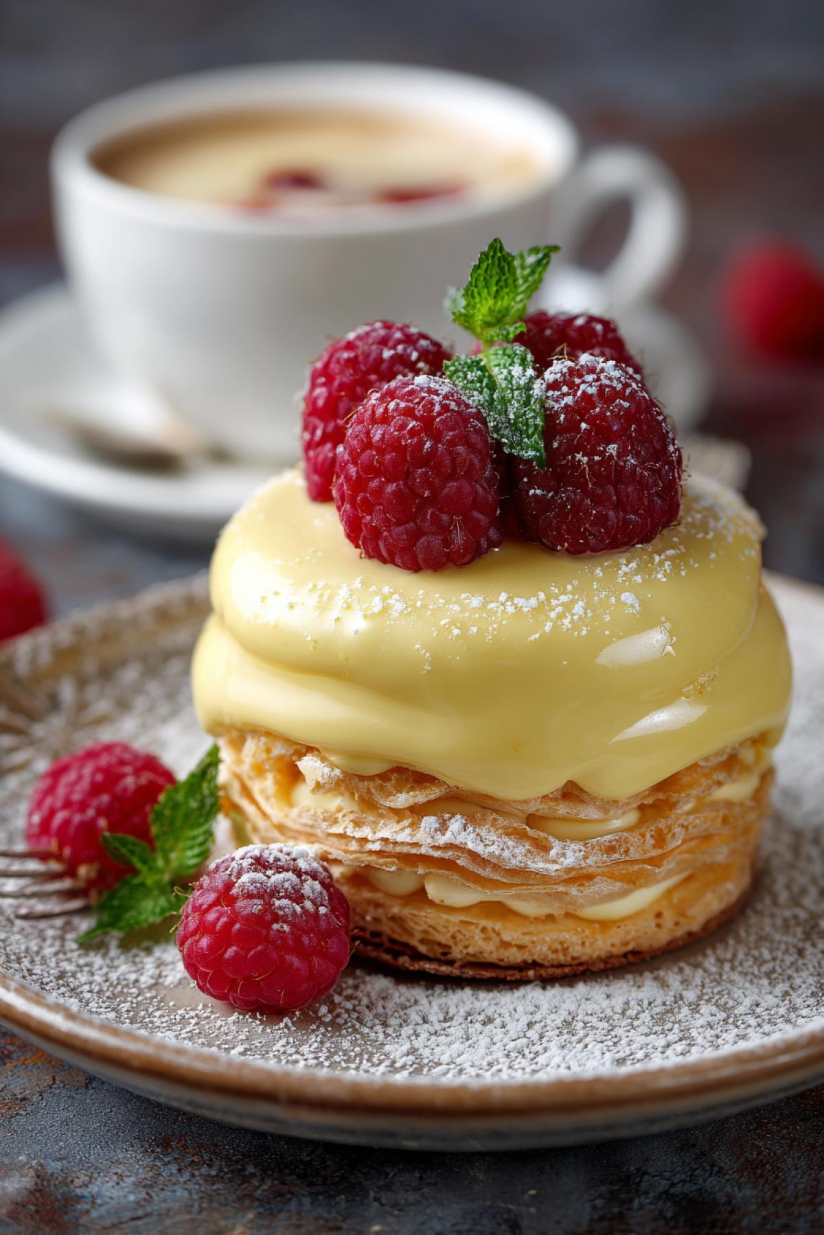 Profitropoli glossy yellowish custard ruddy eclair fresh berry of raspberry coffee in a Voya layer of thick foam of knocked down cream in a cup of coarsely Macro-stroke appetizingly tasty photo for a gastronomic magazine