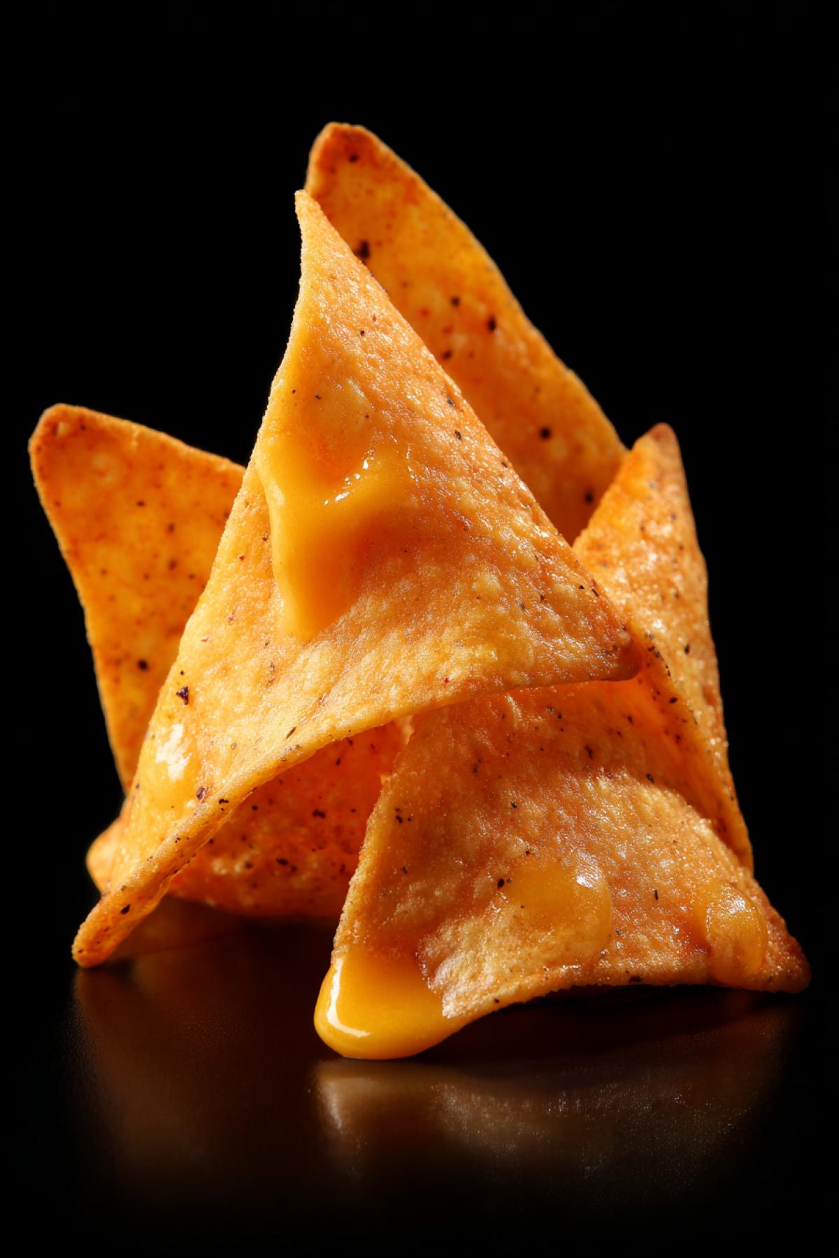Macro Strekhos ONE PIECE OF Triangular Crowning Chips with Thick Covered Mass of Cheese Saus is very large texture Chips and SaUCE GLOSS CINEMATOGRAPHIP LIGHT ADV Photo