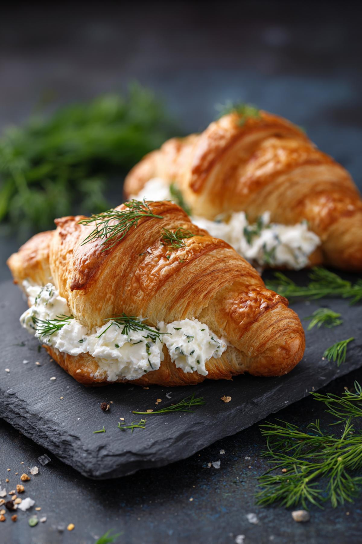 butter croissant in rustic. style with cream cheese on herbs, decorated with fresh dill, served on a dark stone serving. plate, bright natural colors, creamy and fresh texture,. bright natural lighting with soft shadows, high-quality. culinary style, minimalist rustic atmosphere, cozy and at the same time. elegant atmosphere, dill sprigs scattered around, small depth. of field, shot with a Canon EOS 5D Mark IV camera with a 50 mm. f/1.8 lens, at a 45-degree angle for a natural. three-dimensional perspective