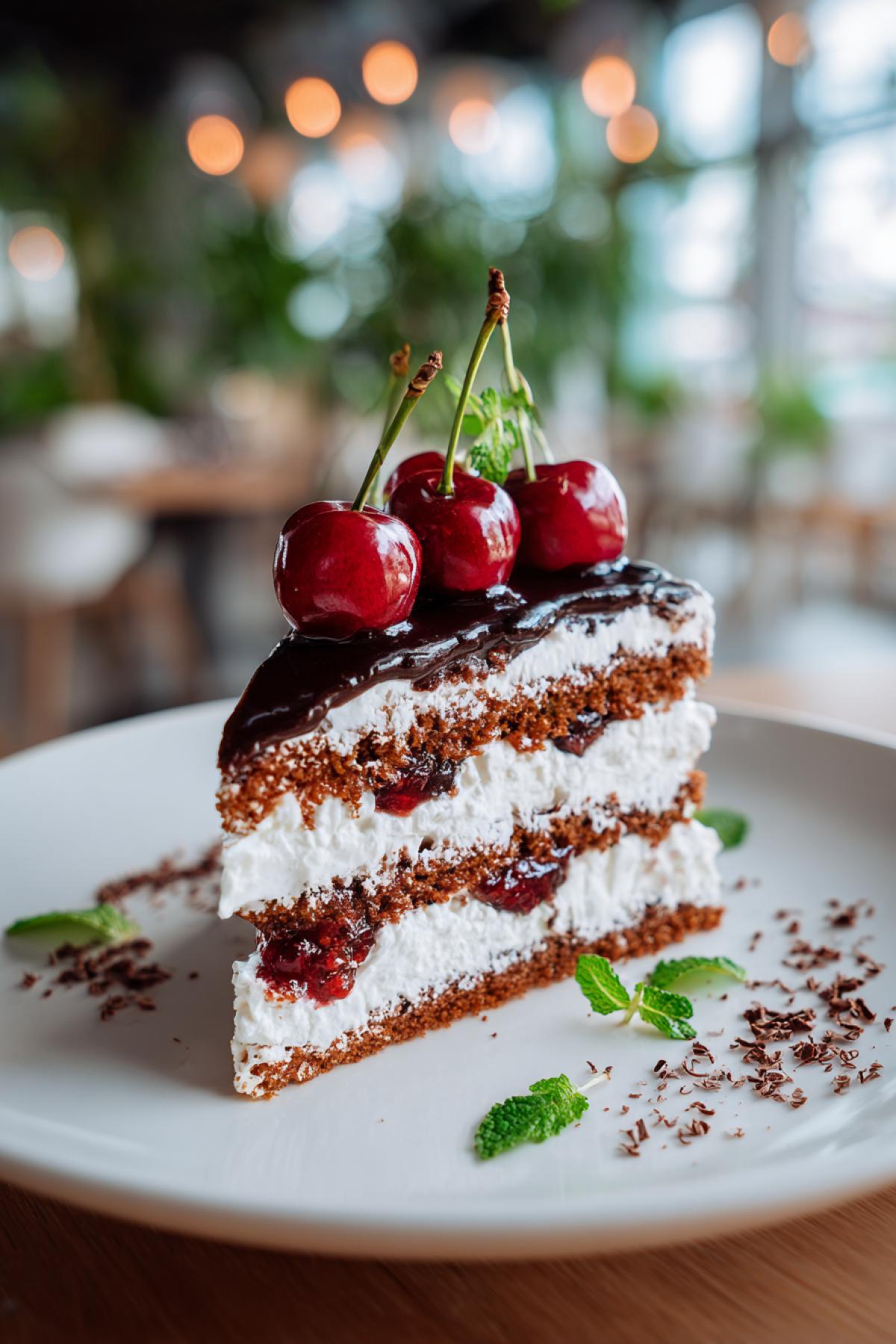 a three-layer cake with whipped cream and a chocolate layer, cherry ganache, decorated with fresh cherries, served on a white porcelain serving plate.. The cake has bright natural colors, a creamy and fresh texture.. bright natural lighting with soft shadows, high-quality. culinary style, minimalist restaurant atmosphere, window display, cozy and at the same. time elegant atmosphere, scattered mint sprigs and grated chocolate, small depth. of field, the photo was taken with a Canon EOS 5D Mark IV camera with a 50 mm. f/1.8 lens, at a 45-degree angle to obtain a natural. three-dimensional perspective