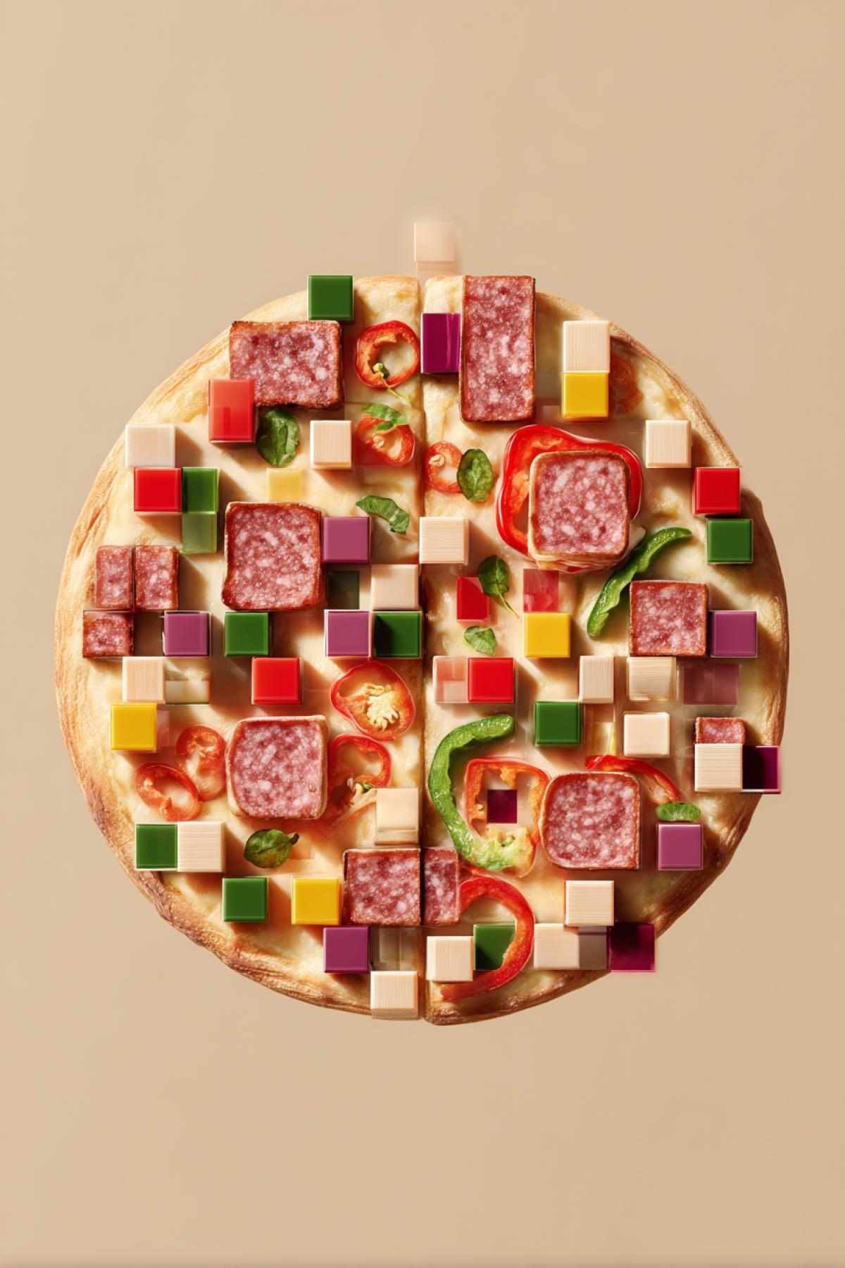 Minimalistic. studio photo of pizza with sausage slices and whole hot peppers,. taken on a clean beige. background. The product looks. ultra realistic, with perfect. lighting and clear details.. Part of the product. is divided into small. multi-colored cubes, as if. pixelated, showing. the texture and ingredients in a. grid. The cubes. protrude slightly beyond. the product, combining realism. with abstract geometry.. Modern, artistic,. highly aesthetic. style of food photography