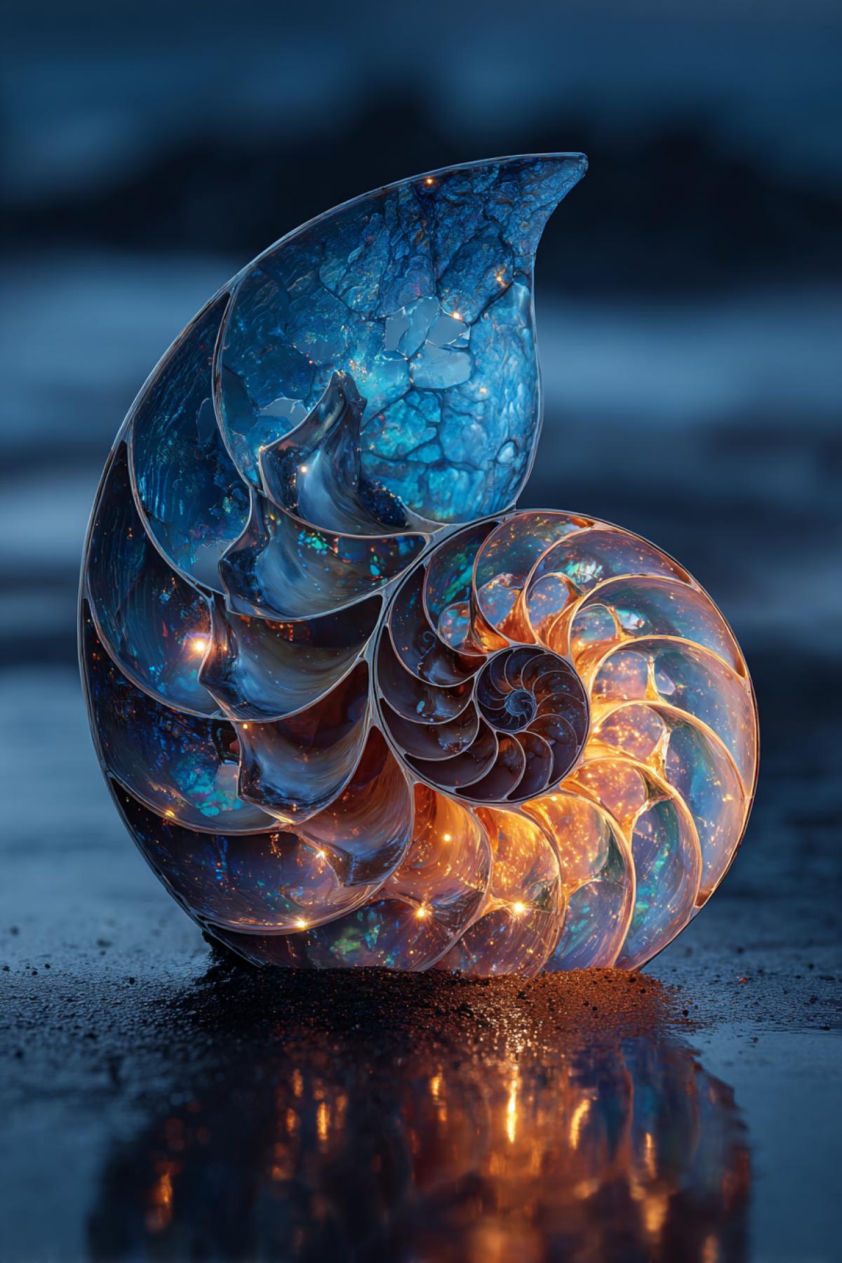 macro photography of a big , bioluminescent nautilus shell on a dark beach at twilight, its interior glowing with an ethereal golden ratio spiral pattern, intricate mother-of-pearl textures, hyperdetailed, mystical atmosphere, shot on ARRI, 8K, ultra-realistic, cinematic lighting, deep shades of blue, turquoise, and amber