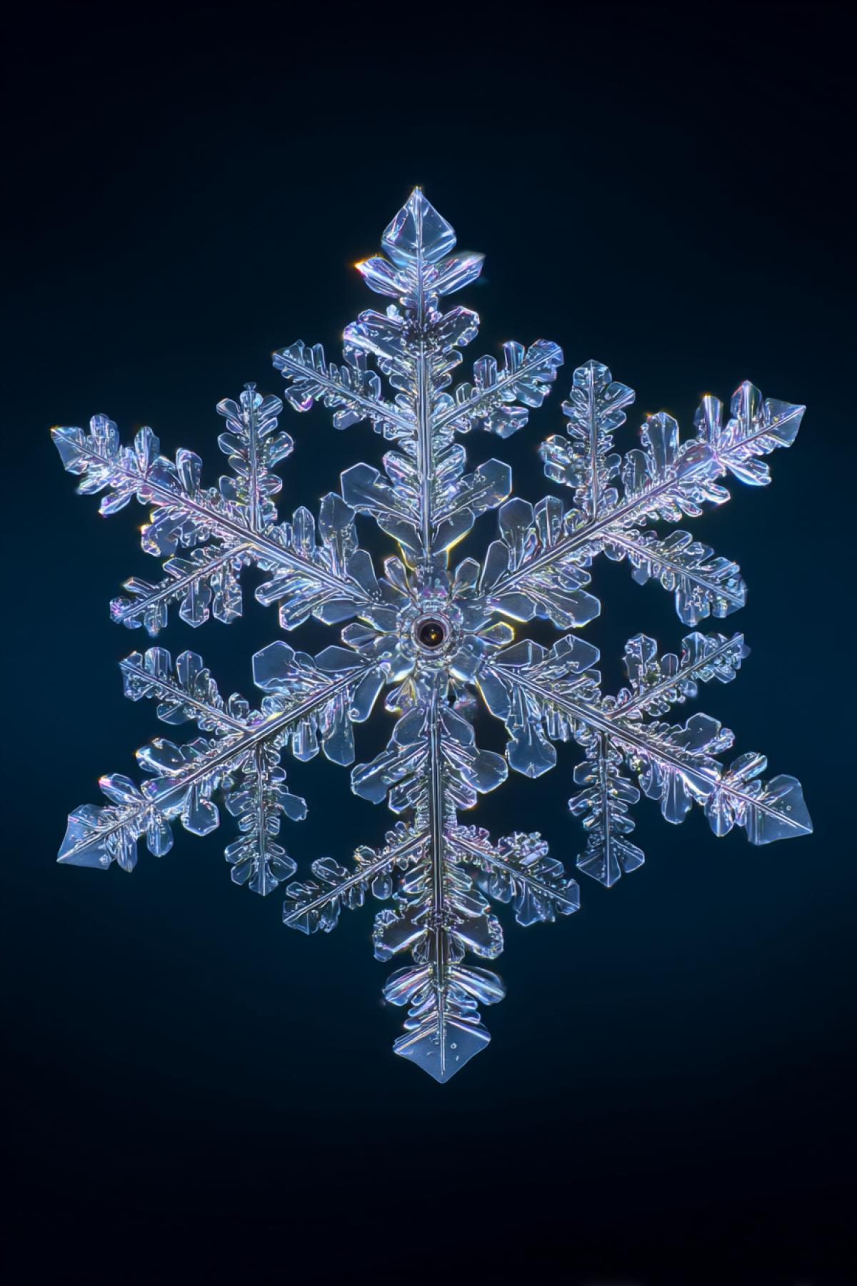 electron microscope view of a single, perfectly symmetrical snowflake, intricate fractal branching patterns, resting on a velvet dark background, each arm adorned with tiny, glowing ice crystals, prismatic light refraction, colors: cyan, silver, pure white, stunning detail, scientific illustration, clean sharp focus, studio shot