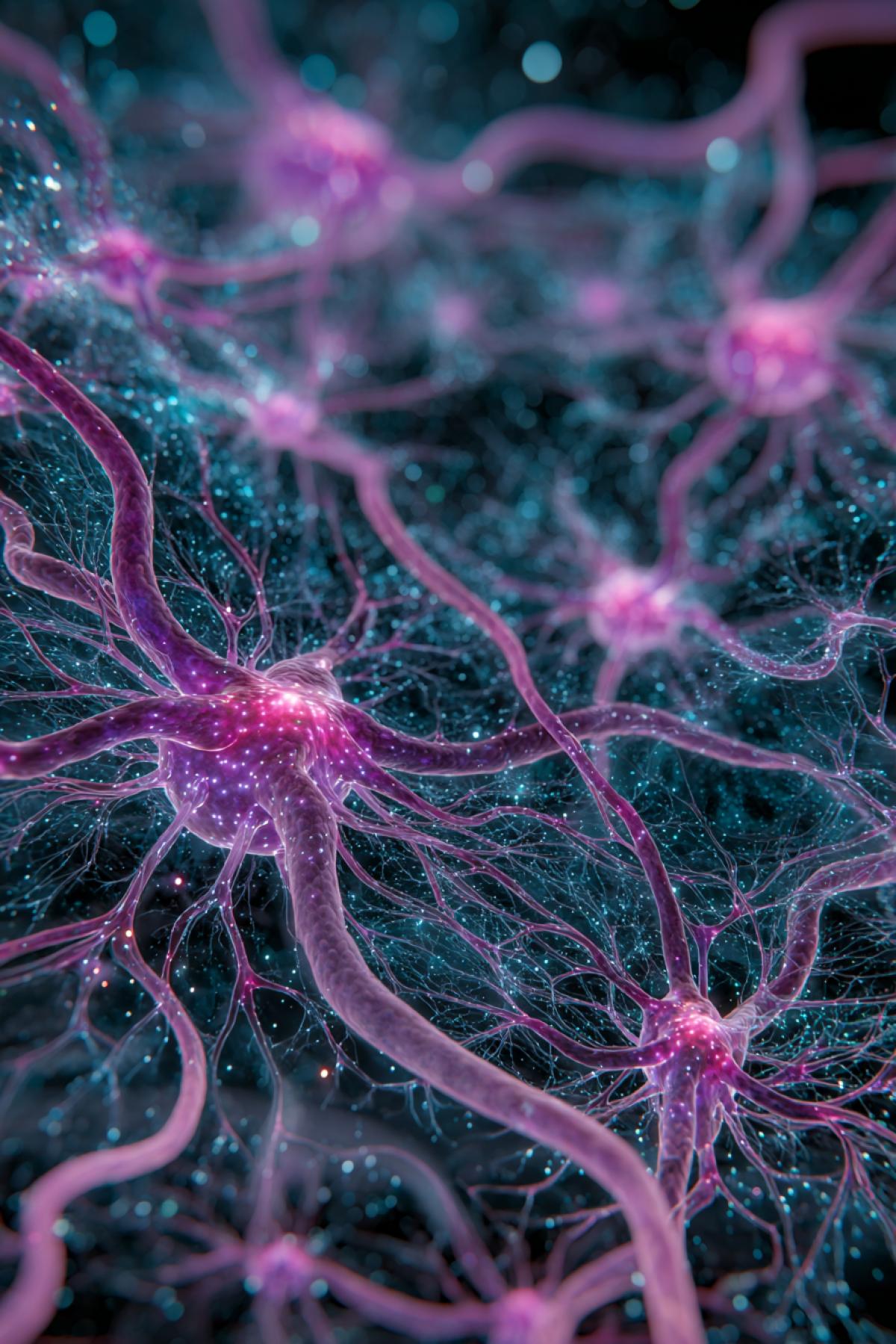 microscopic view of a mycelial network, but depicted as a vast cosmic nebula, glowing hyphae branching like fractal galaxies and star clusters, bioluminescent cyan and magenta on deep dark, scientific visualization, 3D render, hyperdetailed, unreal engine, volumetric lighting, sense of infinite connection and scale